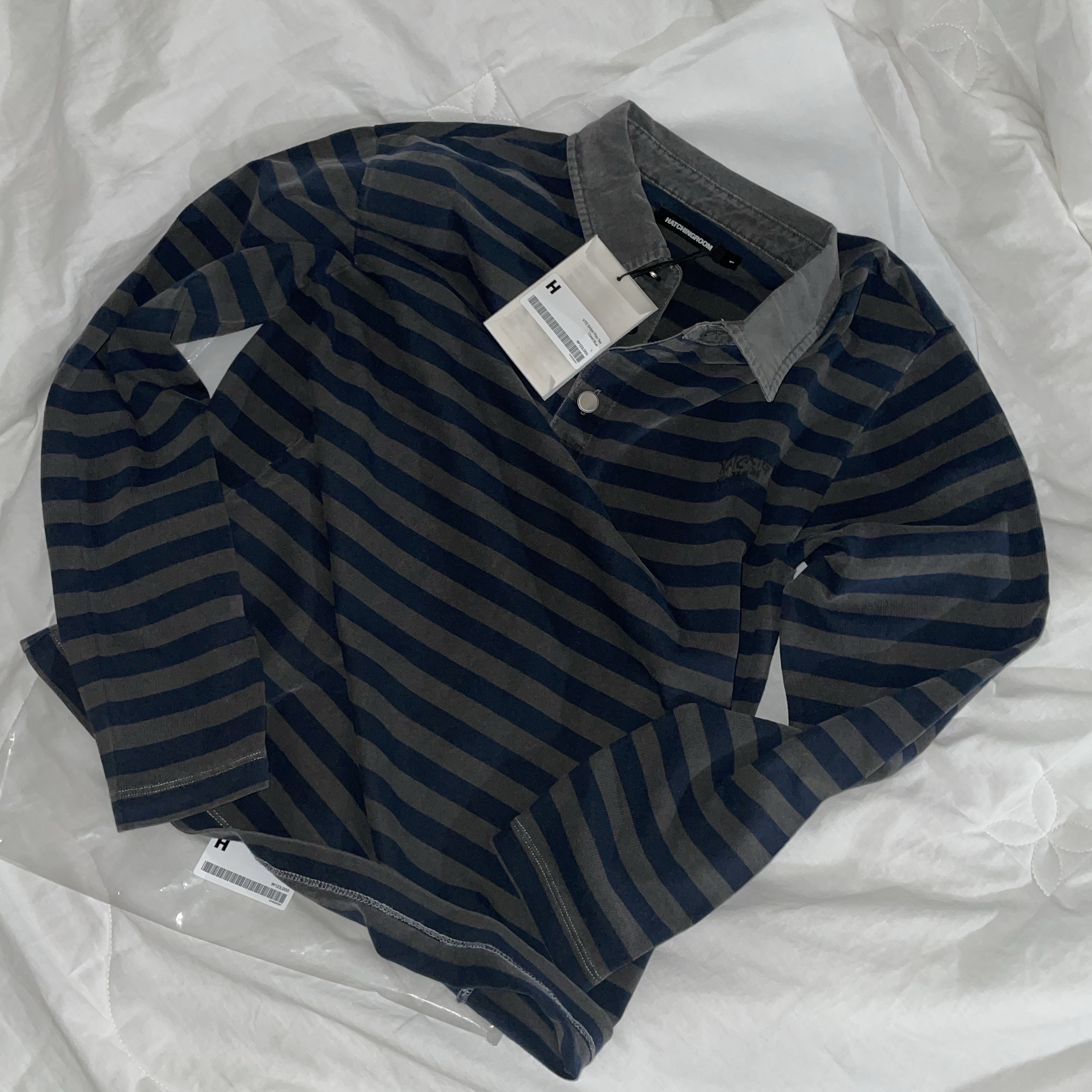 Hatchingroom VTG Stripe Polo T-Shirt Dyed Blue 착용 스타일 - 1