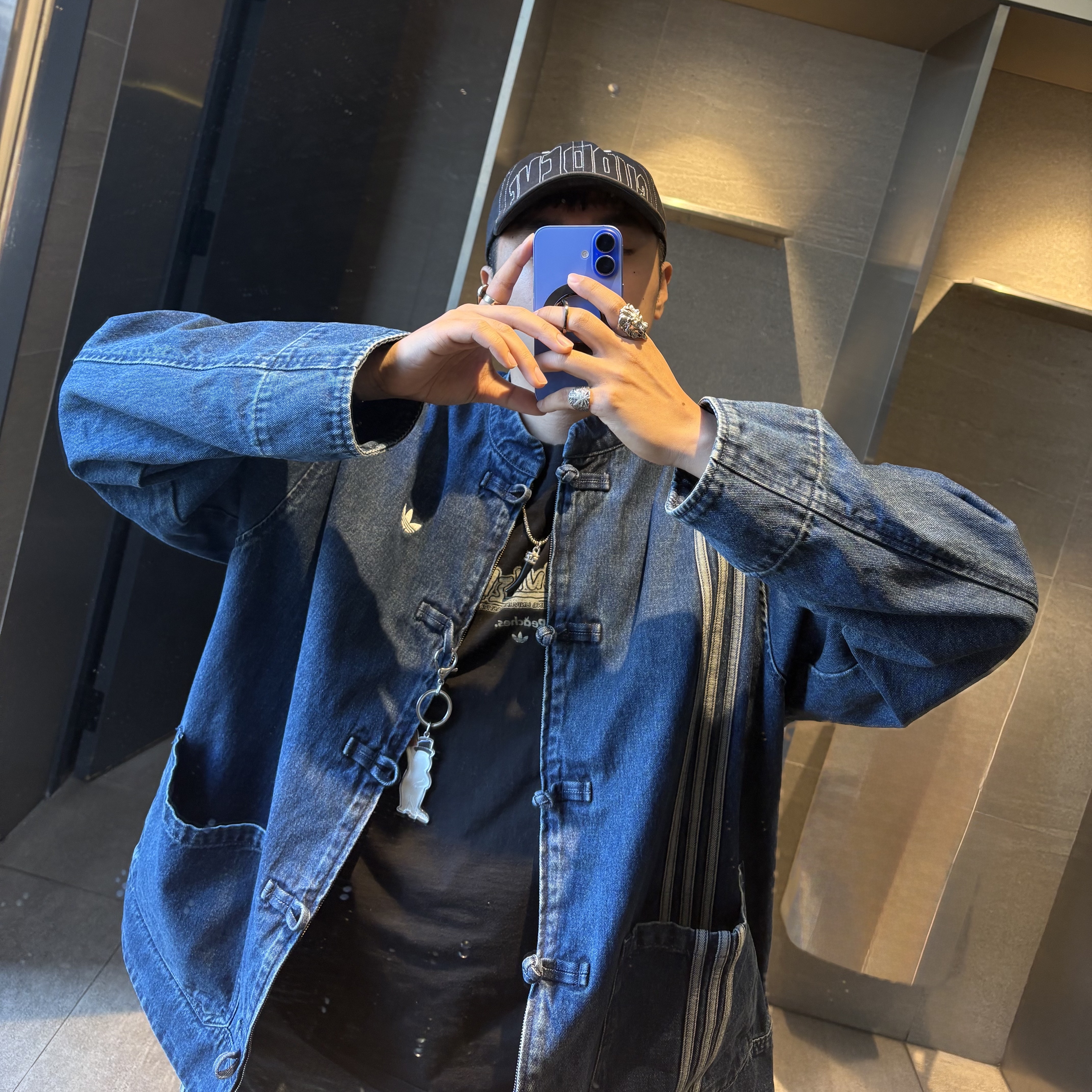 Adidas Chinese Denim Jacket Neutral Denim Blue - US Sizing 착용 스타일