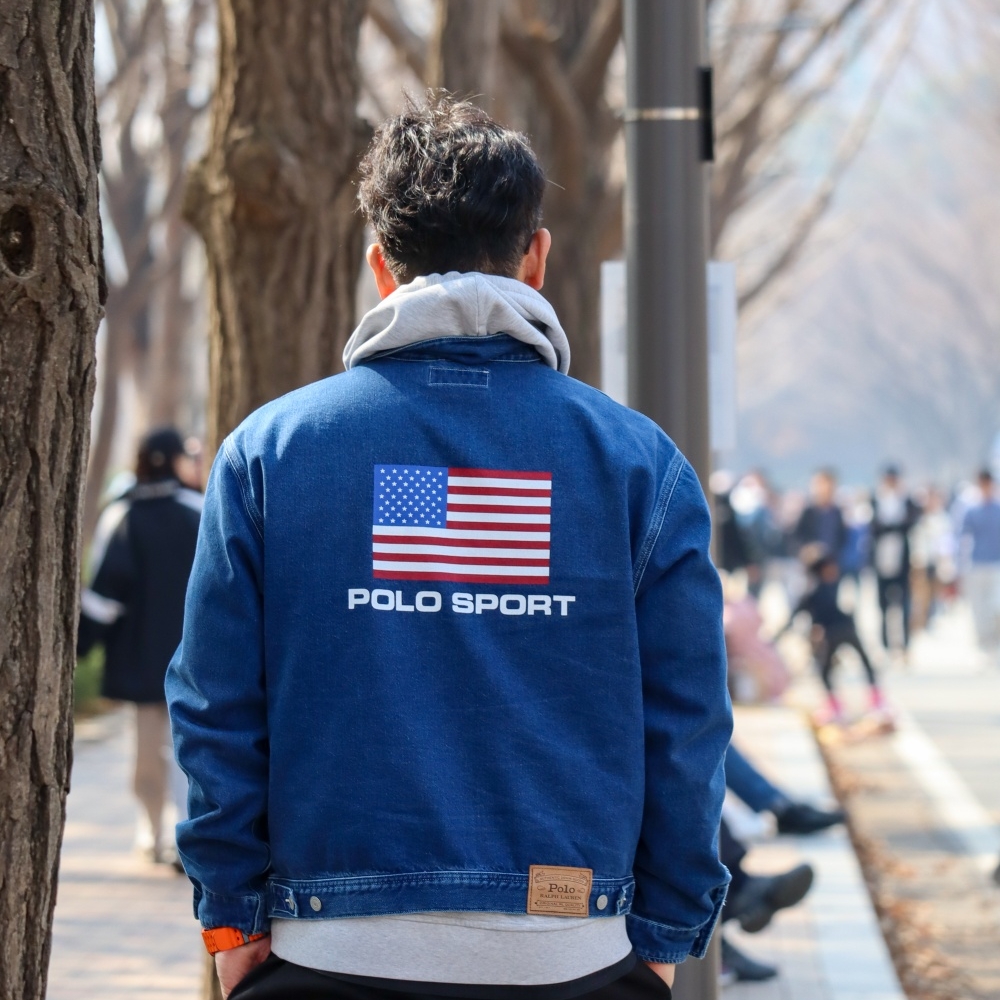 [20% 적립] Polo Ralph Lauren American Flag Polo Sports Denim Jacket Edgemere - 24FW 착용 스타일