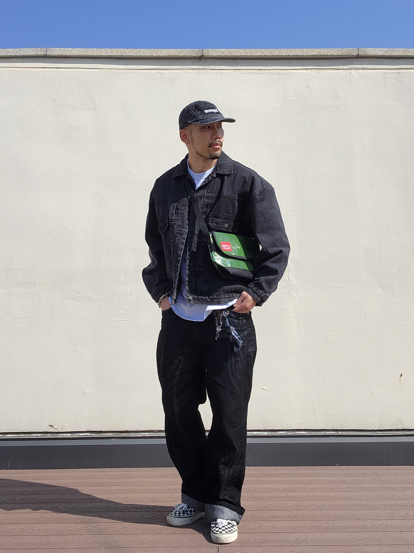 Supreme Punched Denim Camp Cap Black - 23FW 착용 스타일 - 1