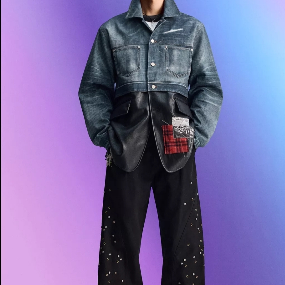 Zara x Andersson Bell Denim Combo Jumper Medium Blue, Zara x Andersson Bell Relaxed Fit Studded Pants Black 착용 스타일