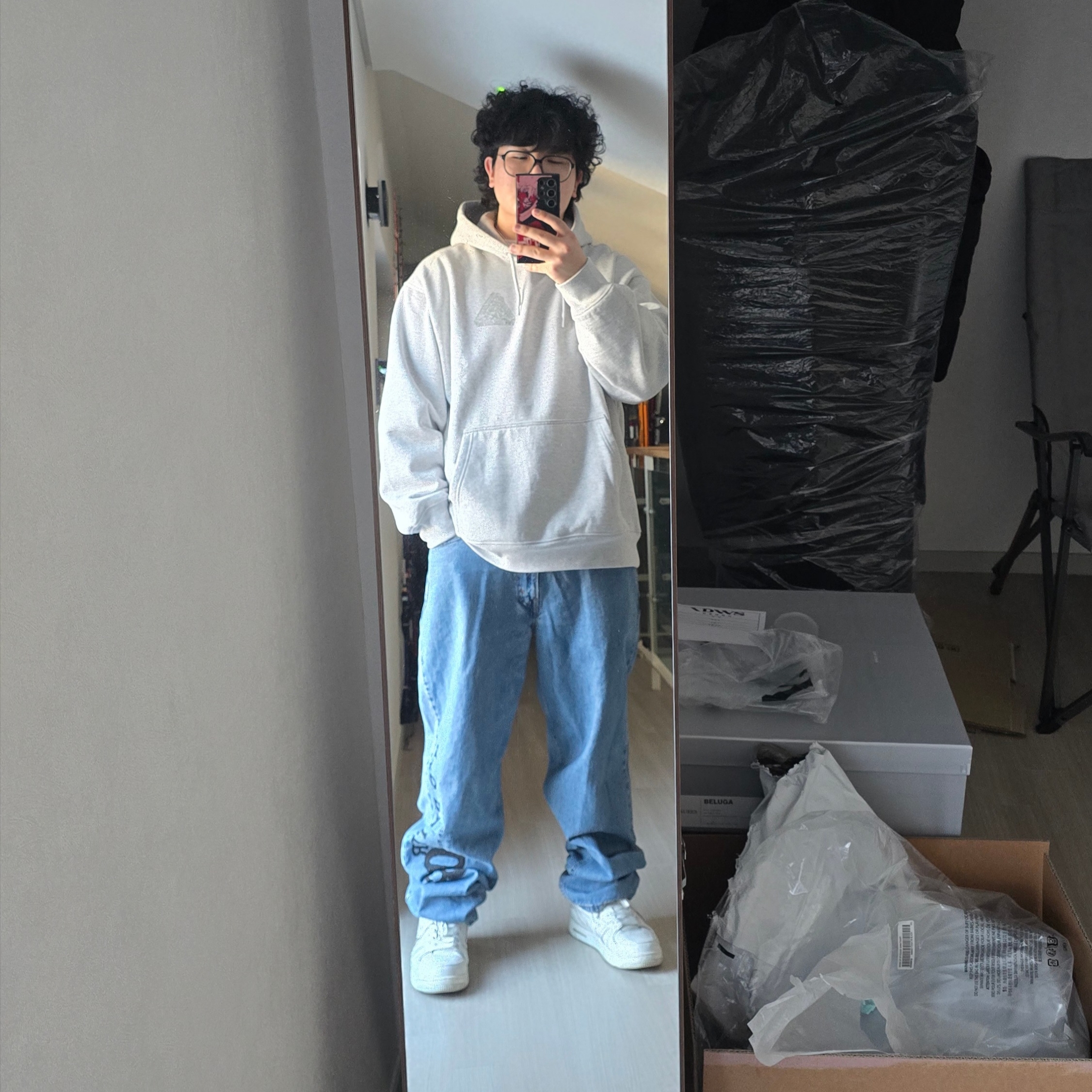 Palace Zodiac Tri-Ferg Hood Grey Marl - 25SS, BAPE Sta #3 White 착용 스타일 - 2