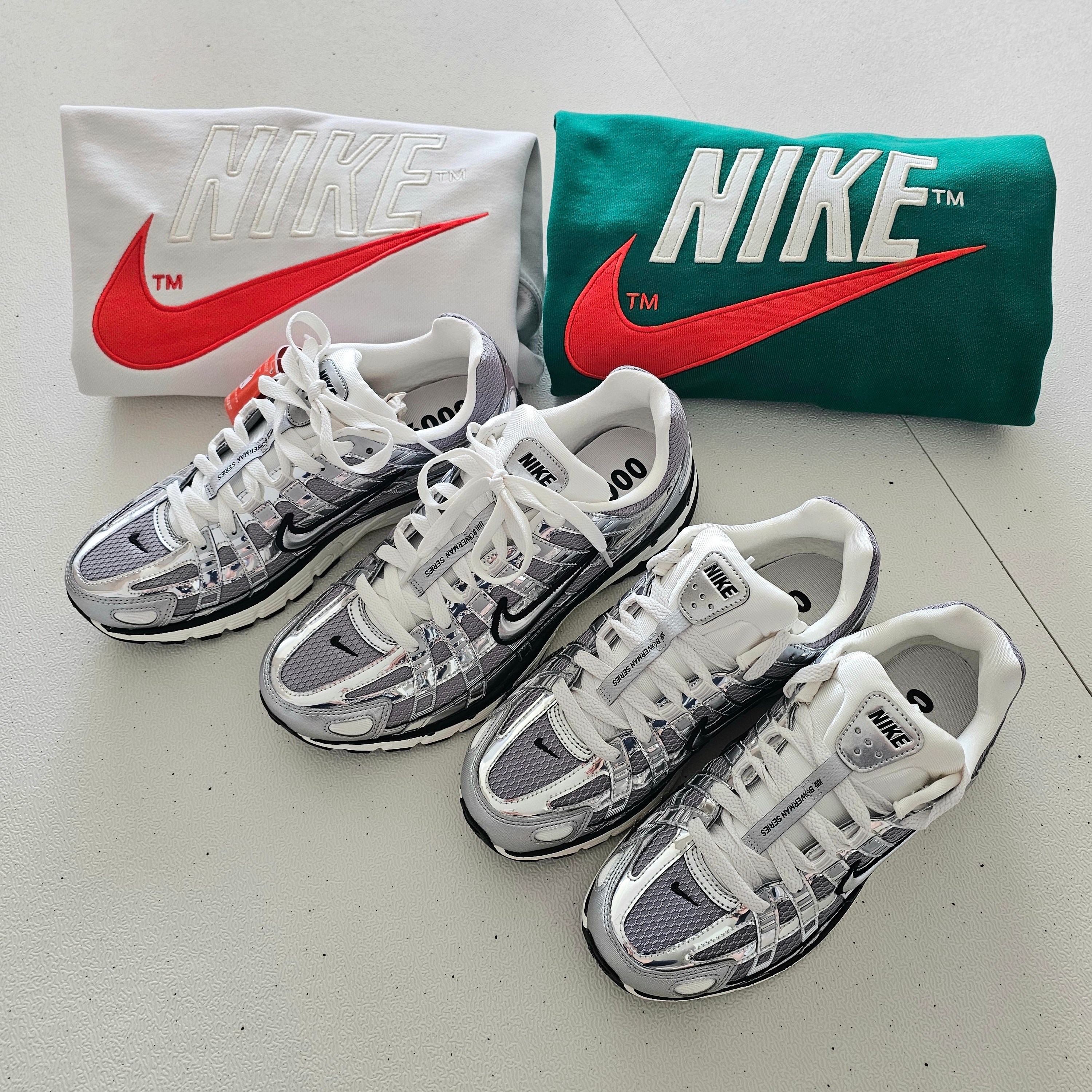 Nike P-6000 Metallic Silver, Nike NSW French Terry Crewneck Phantom - Asia 착용 스타일