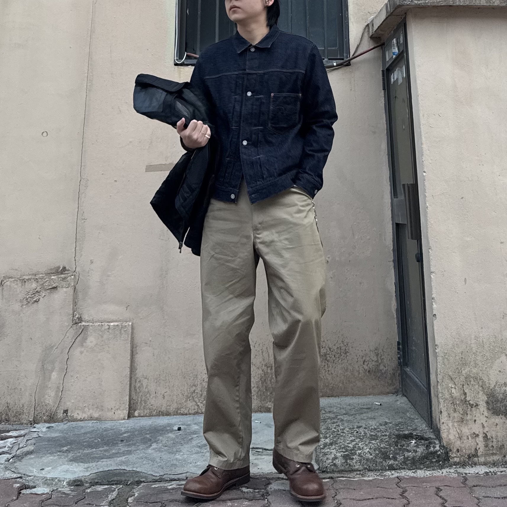 Red Wing Iron Ranger 8111 Amber Harness - D, Uniqlo U Wide FIt Chino Pants Brown 착용 스타일 - 2