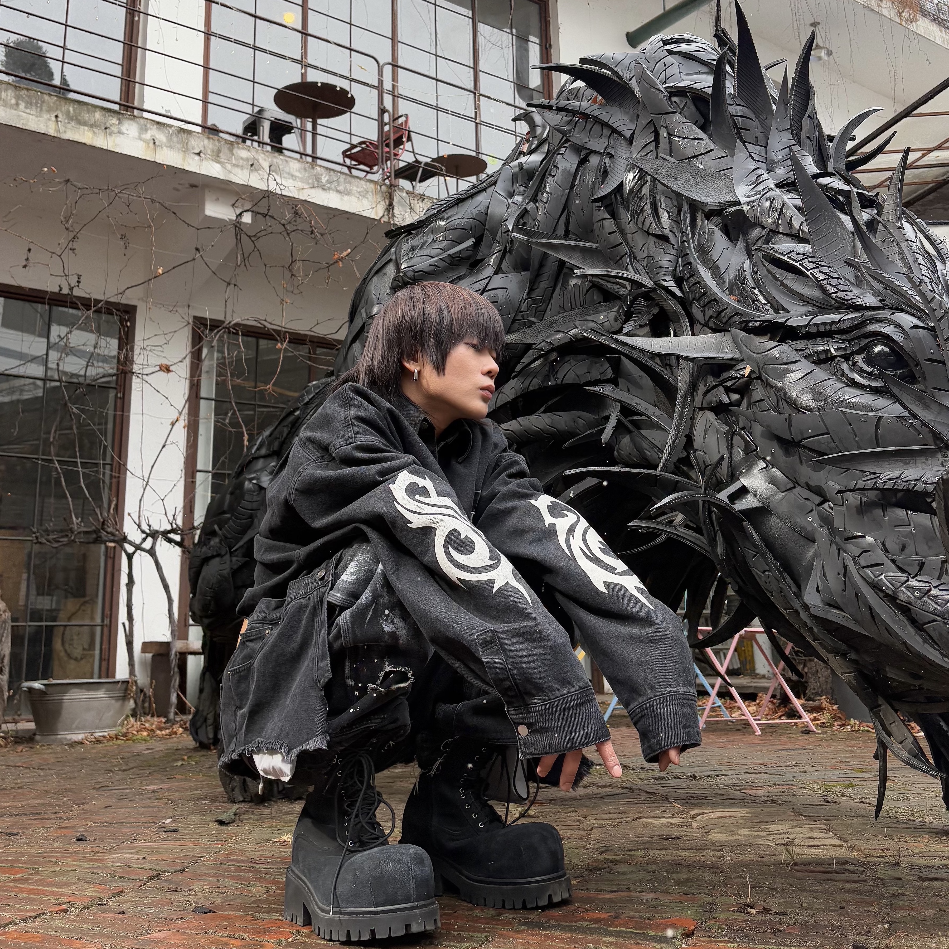 Project G/R Hybrid Denim Shirts Jacket Black, Wapworks Work Double Knee Carpenter Pants 착용 스타일 - 2