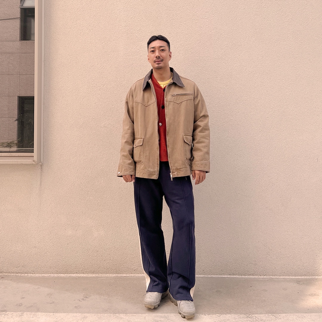 Hongwoosung Fisher Knit Jogger Pants Navy, Hongwoosung The Second Signature Cardigan Orange Brown 착용 스타일