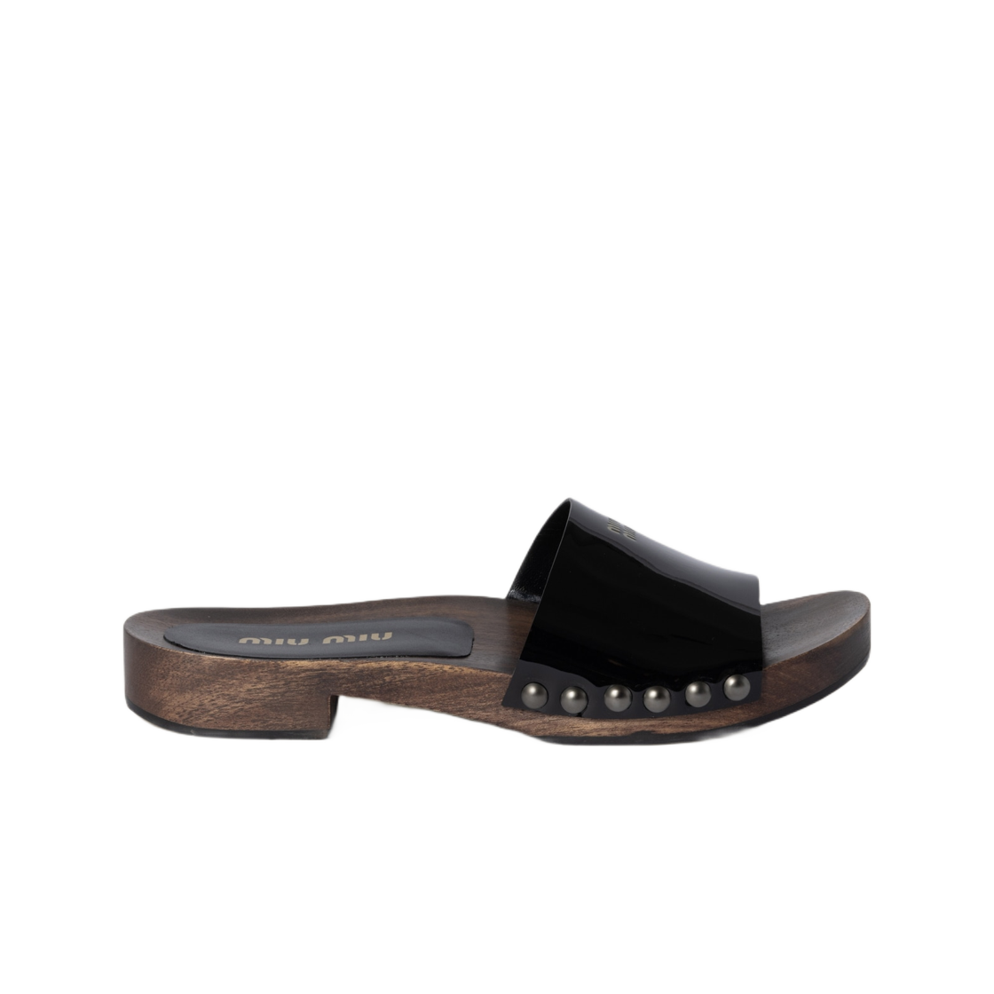 (W) 미우 미우 페이턴트 레더 클로그 블랙((W) Miu Miu Patent Leather Clogs Black)