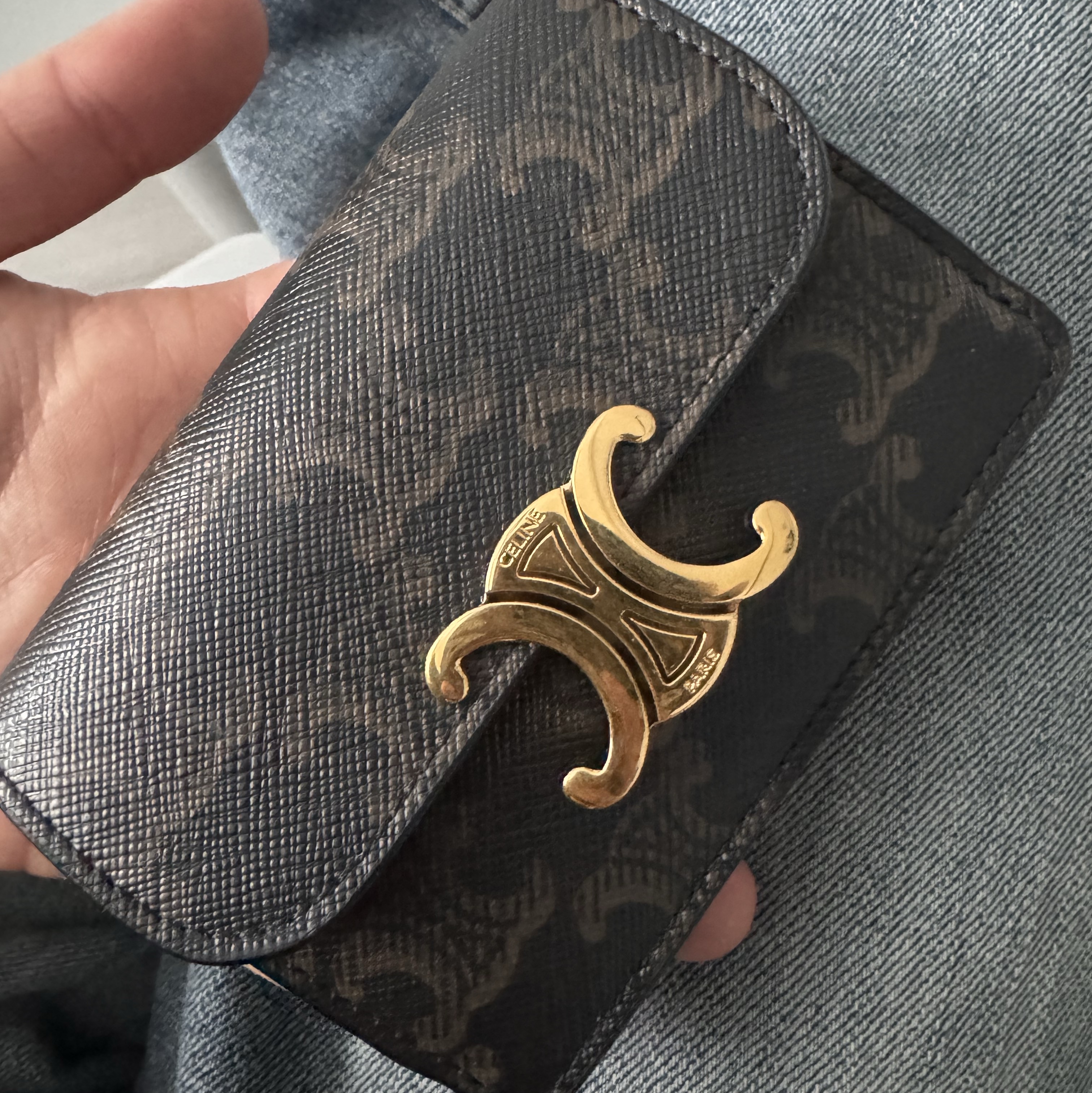 Celine Card Holder with Flap in Triomphe Canvas Tan 착용 스타일