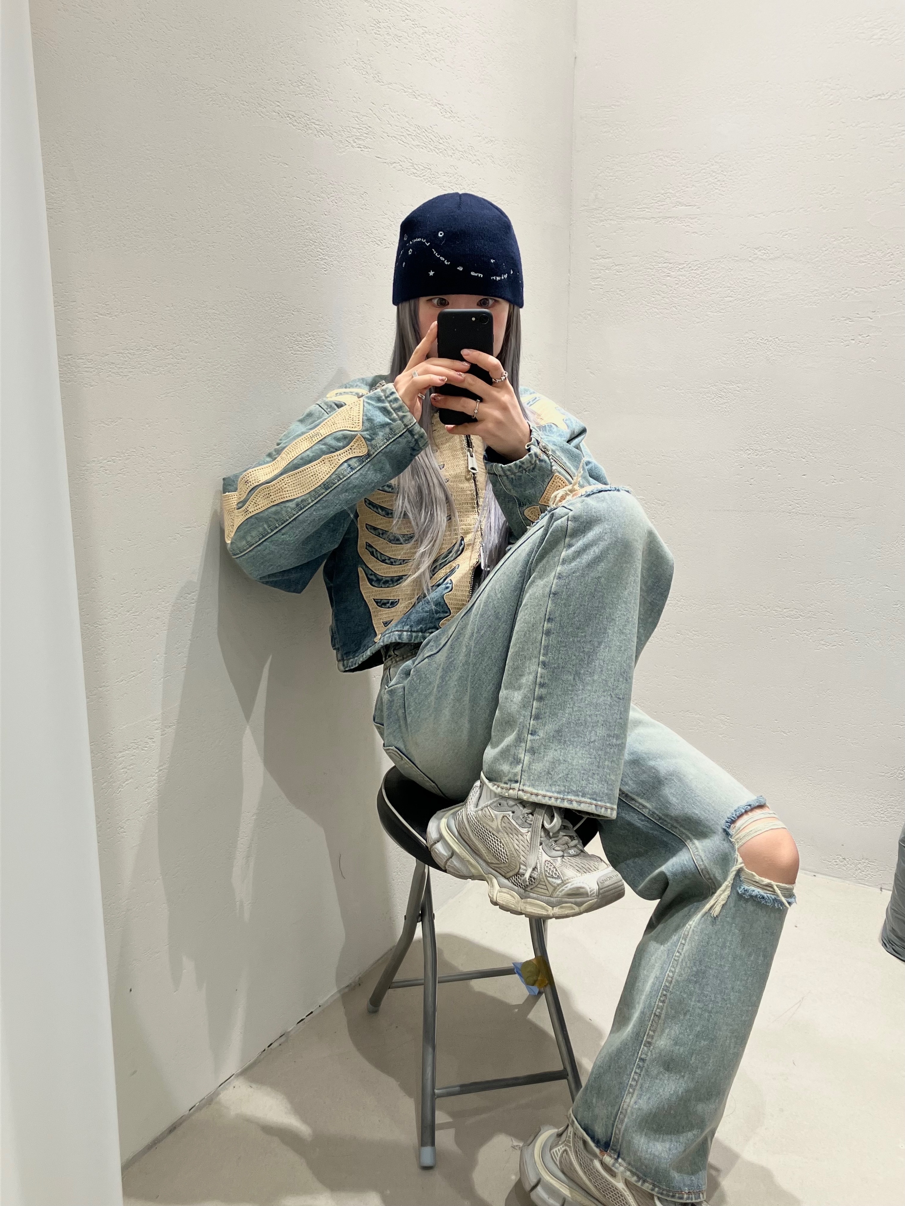 Kapital 14 oz. Black X Black Denim Motocross Bone Jacket Denim, Balenciaga 3XL Sneakers Light Beige 착용 스타일 - 1
