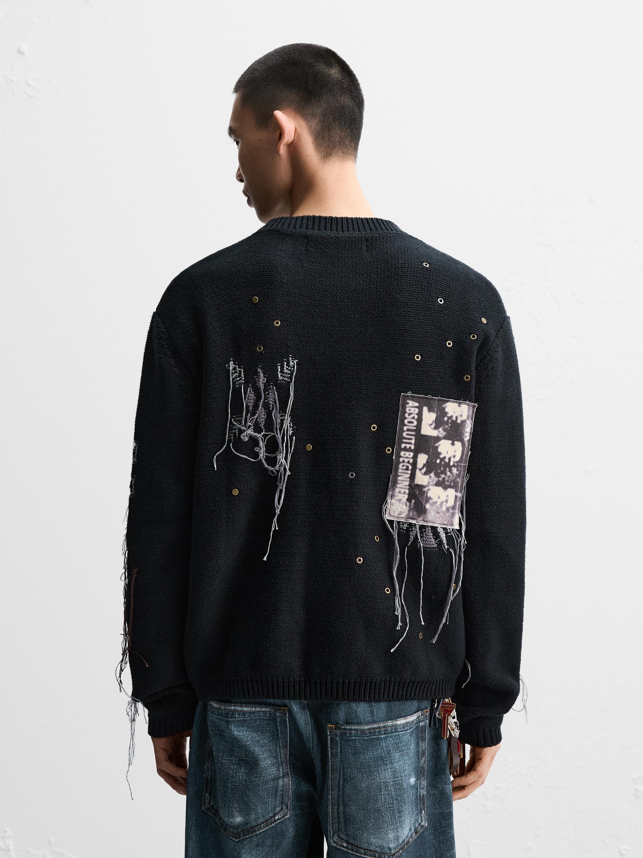 Zara x Andersson Bell Jacquard Patch Cardigan Black, Zara x Andersson Bell Detachable Layered Jeans Medium Blue 착용 스타일