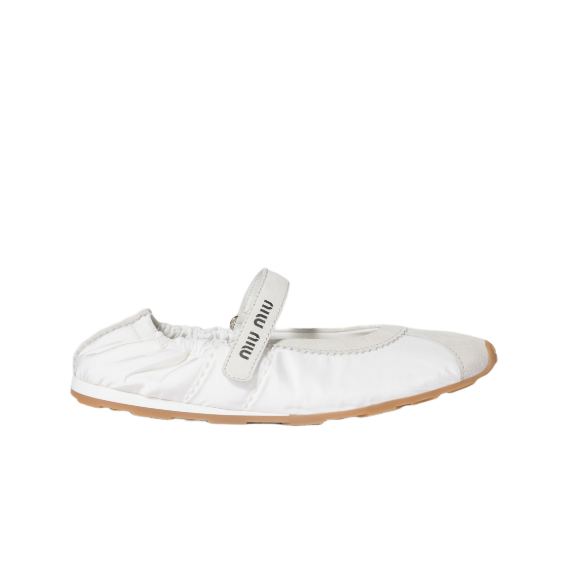 (W) 미우 미우 테크니컬 패브릭 스웨이드 플룸 발레리나 화이트((W) Miu Miu Technical Fabric Suede Plume Ballerinas White)