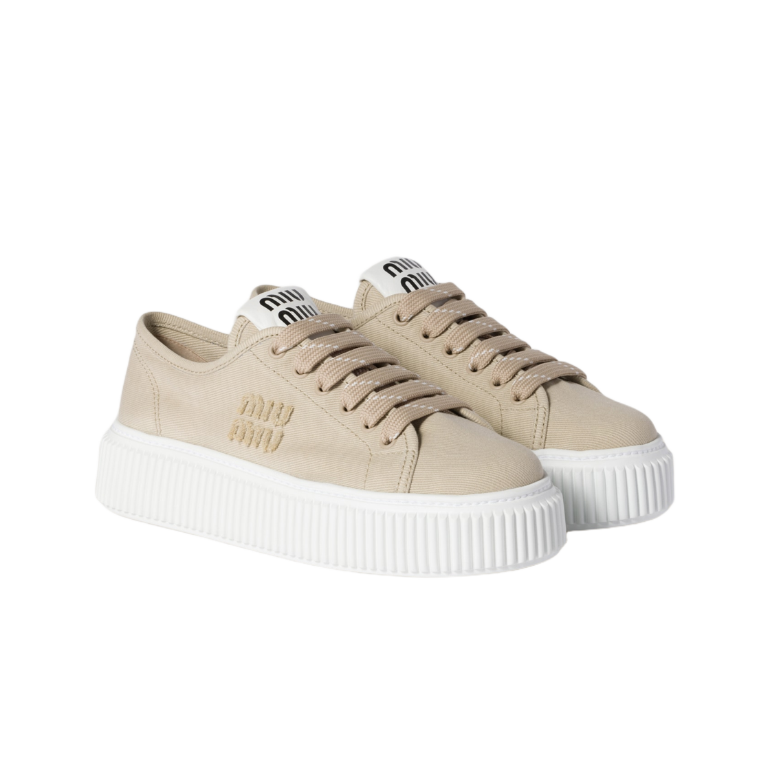(W) 미우 미우 데님 스니커즈 로고 베이지((W) Miu Miu Denim Sneakers with Logo Beige) - 2