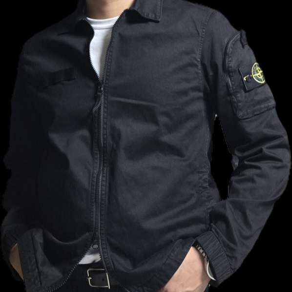 Stone Island 1200003 Organic Stretch Broken Twill Cotton Old Effect Overshirt with Zip Fastening Black - 25SS 착용 스타일