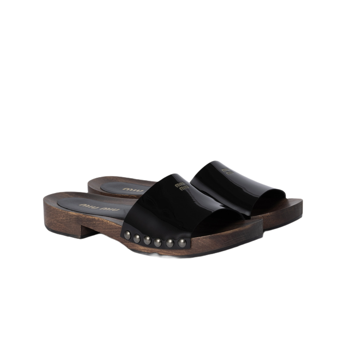 (W) 미우 미우 페이턴트 레더 클로그 블랙((W) Miu Miu Patent Leather Clogs Black) - 2