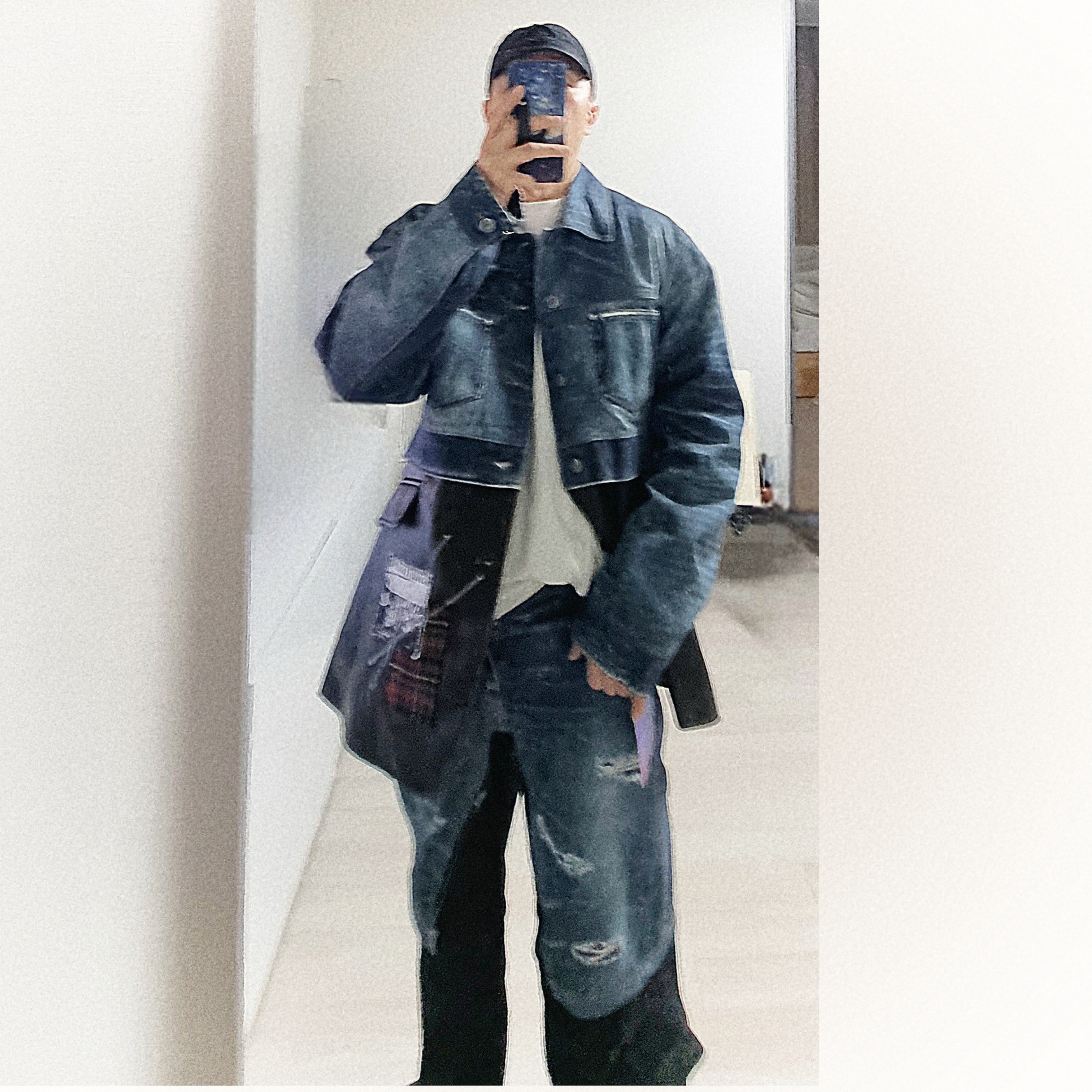 Zara x Andersson Bell Detachable Layered Jeans Medium Blue, Zara x Andersson Bell Denim Combo Jumper Medium Blue 착용 스타일
