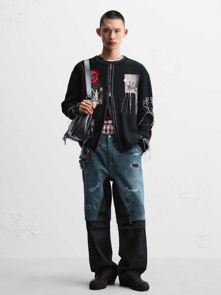 Zara x Andersson Bell Jacquard Patch Cardigan Black, Zara x Andersson Bell Detachable Layered Jeans Medium Blue 착용 스타일