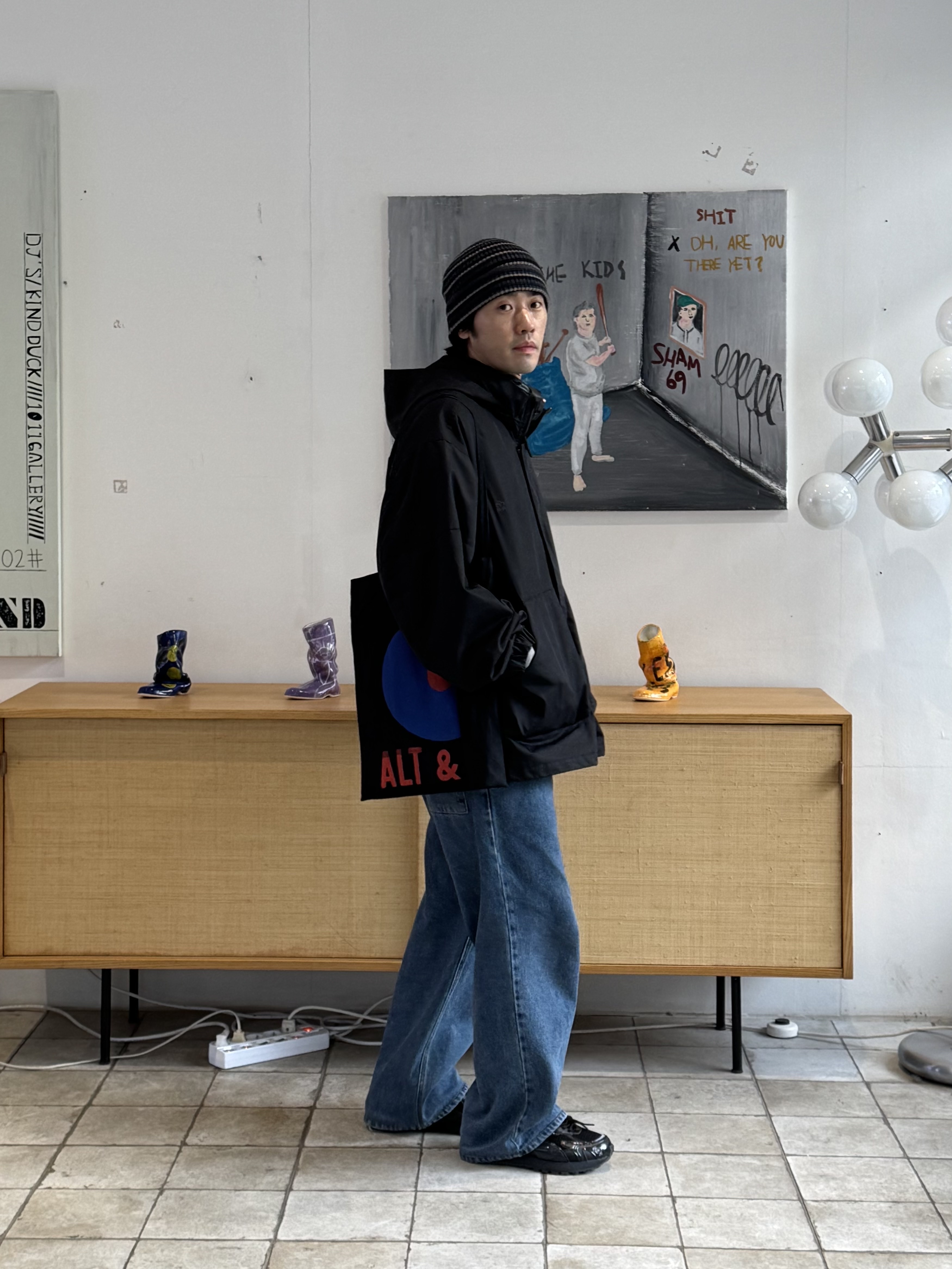 Polyteru Human Index Human Loosed Half Zip Knit Gray 착용 스타일 - 2