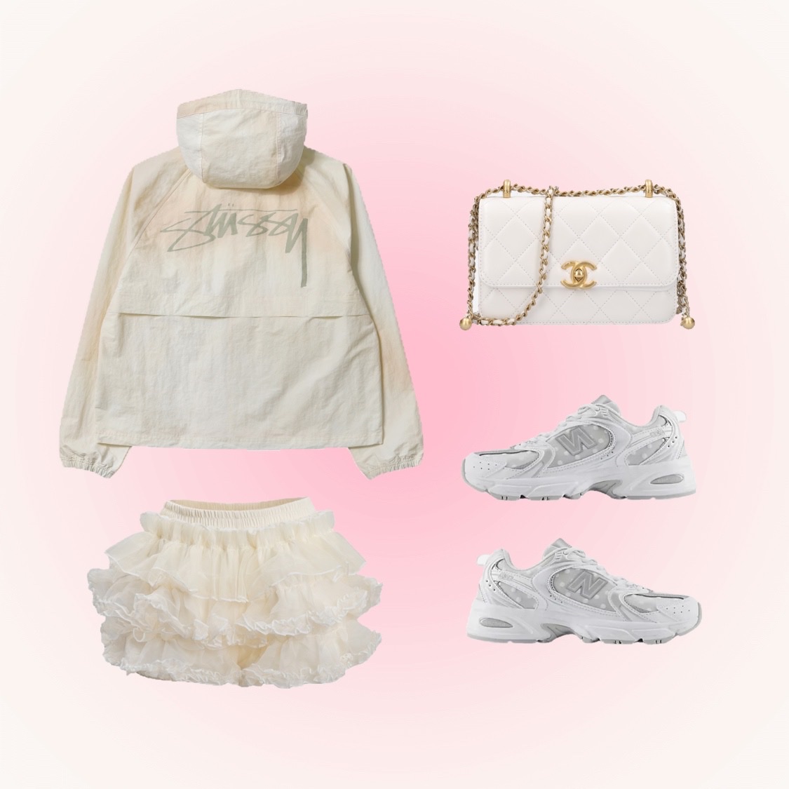 Stussy Wave Dye Beach Shell Jacket Bone, Roughneck Tutu pants skirt cream 착용 스타일 - 1