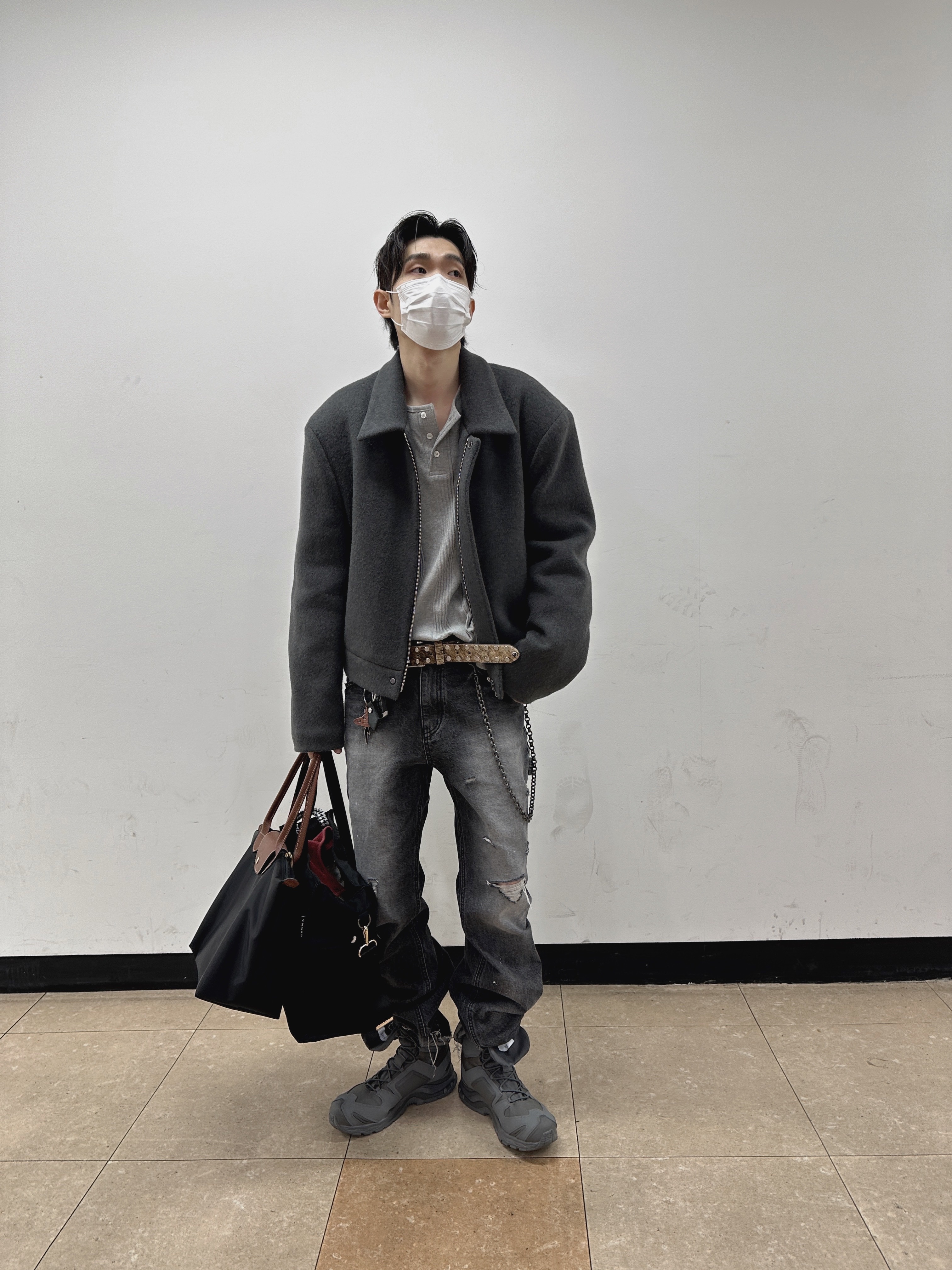 Nonnod Wool Cropped Jacket Grey Asphalt, Stussy 8 Ball Studded Belt Raw Cowhide Hair 착용 스타일 - 5