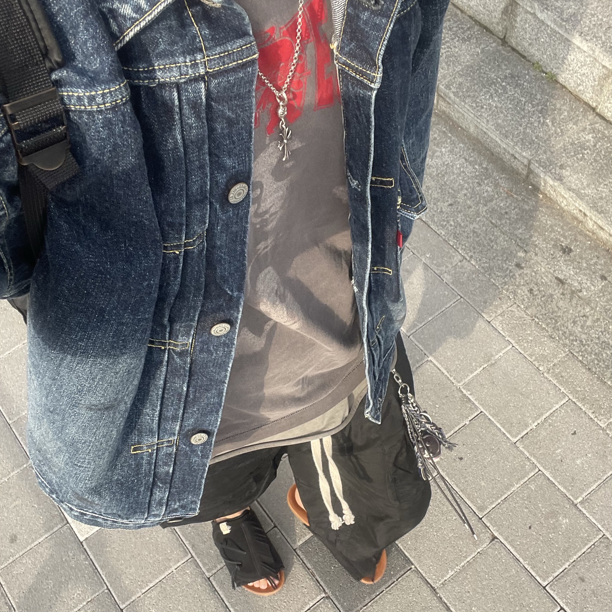 Fullcount 2050-2107 Fear of The Dark Type 1 Denim Jacket Indigo Blue, Hansroom Chrome Hearts One Ball Tiny Cross Charm 착용 스타일