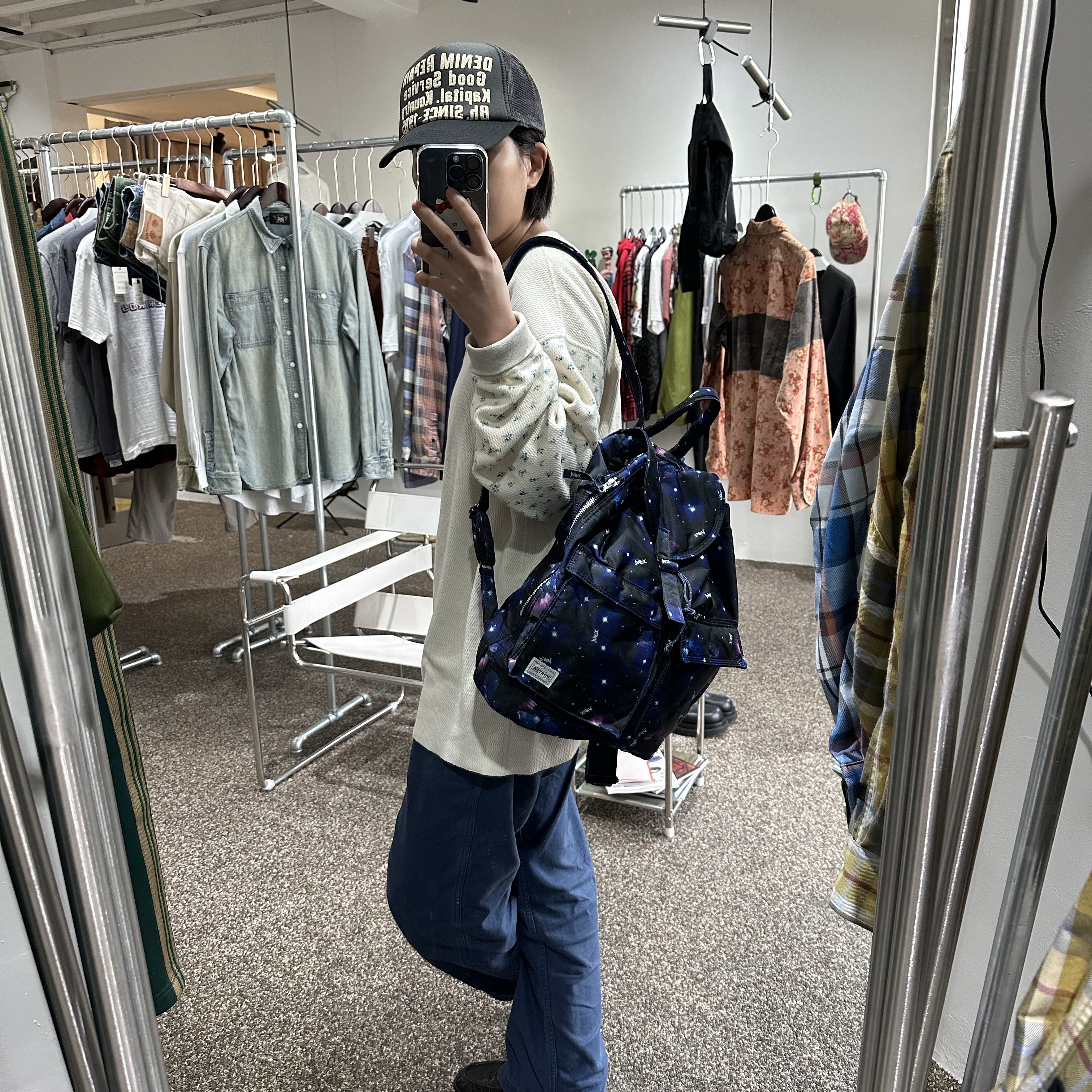 Kapital Denim Repair Track Cap Gray Black 착용 스타일