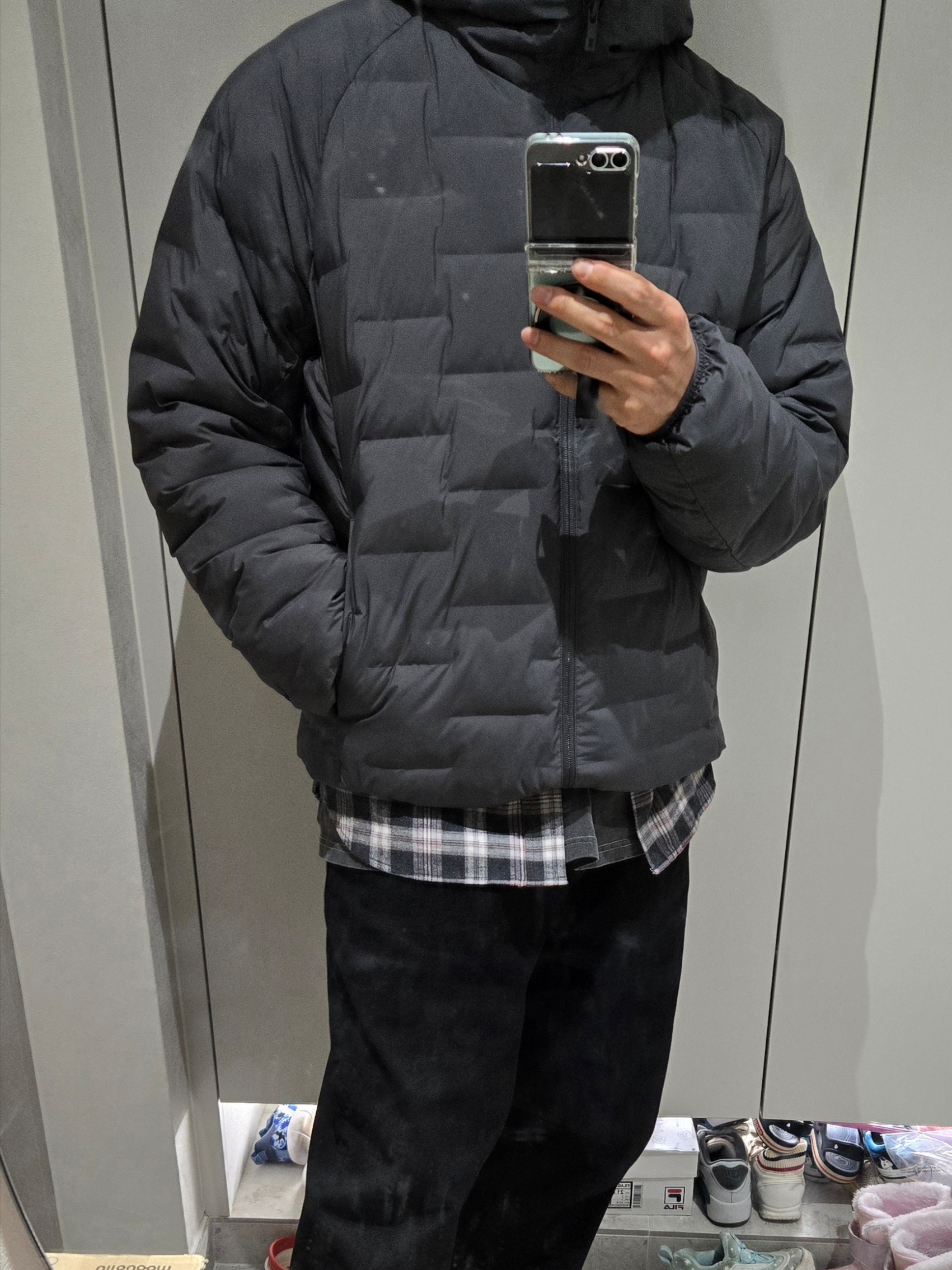 Undermycar Mu.75 Anti Fxxking Logo Play Basic Long Sleeve Flannel Shirts Burgundy Black, Supreme Rigid Baggy Selvedge Jean Rigid Black - 24FW 착용 스타일