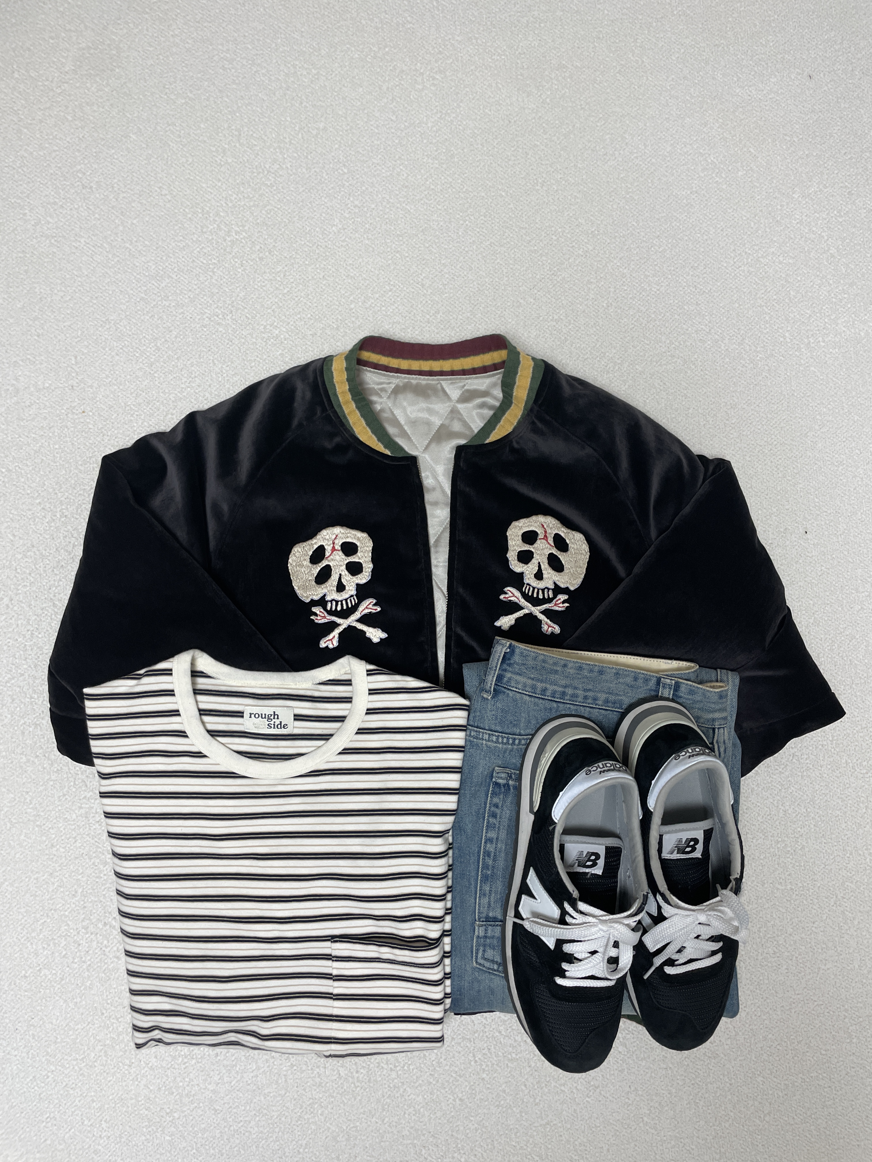New Balance 990v1 Made in USA Black, Kapital Velveteen Sulfide Souvenir Rain Skull Jacket Black 착용 스타일 - 1