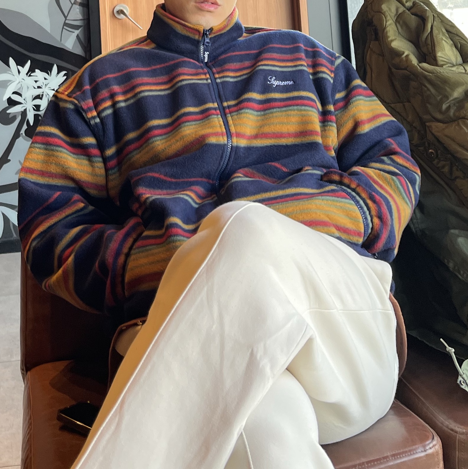 Supreme Stripe Zip Up Fleece Jacket Navy - 24FW 착용 스타일