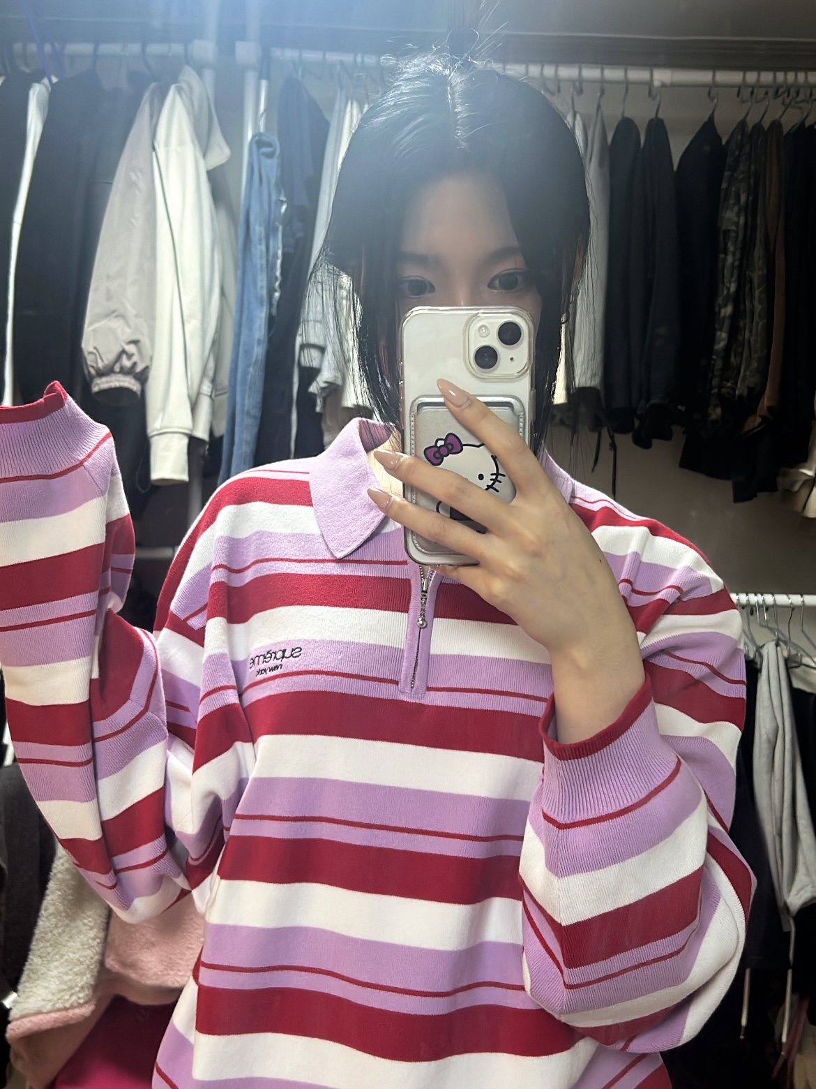 Supreme Stripe Zip L/S Polo Light Purple - 24FW 착용 스타일