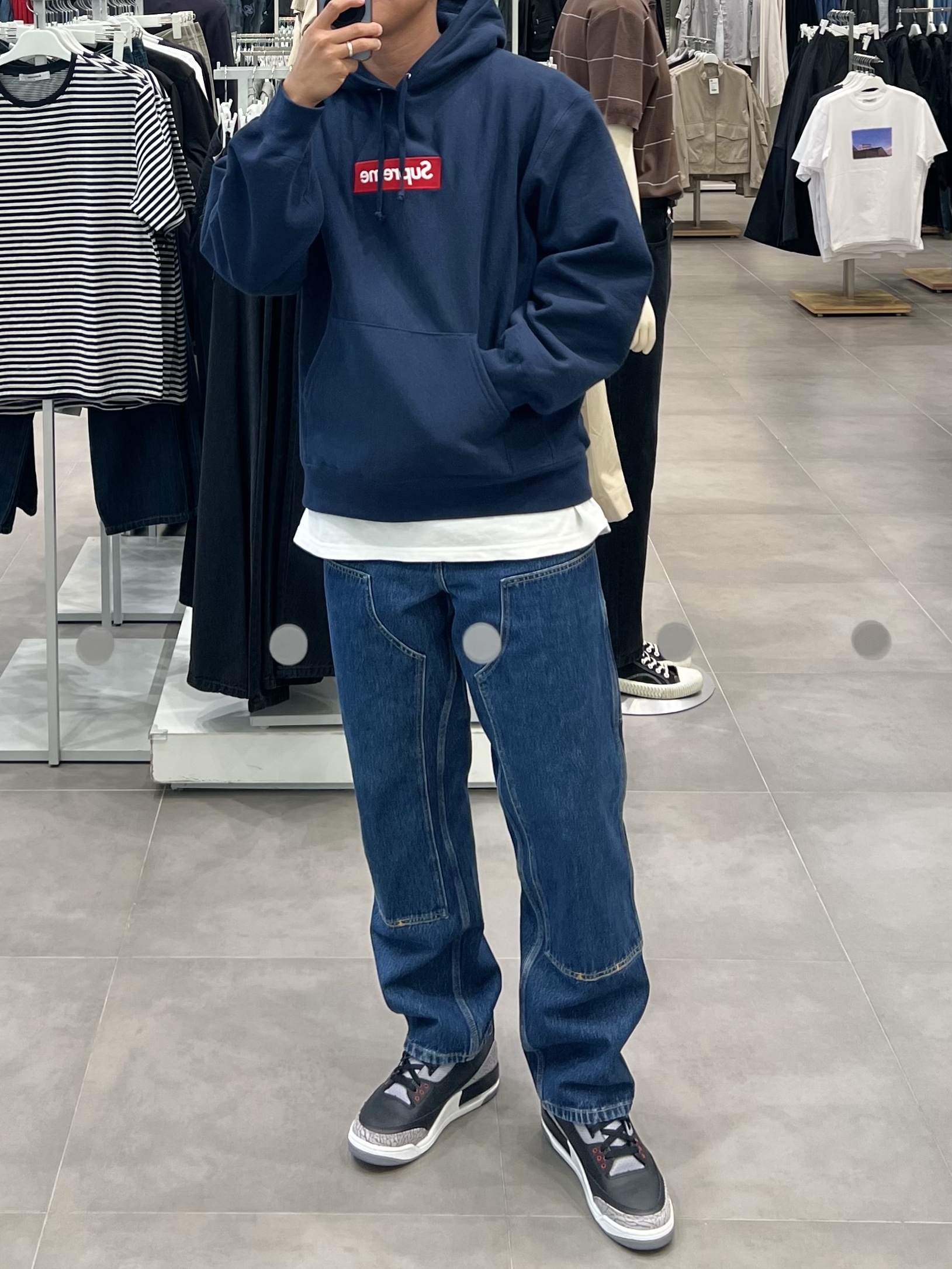 Supreme Denim Camp Cap Dirty Indigo - 23SS, Supreme Box Logo Hooded Sweatshirt Navy - 24FW 착용 스타일