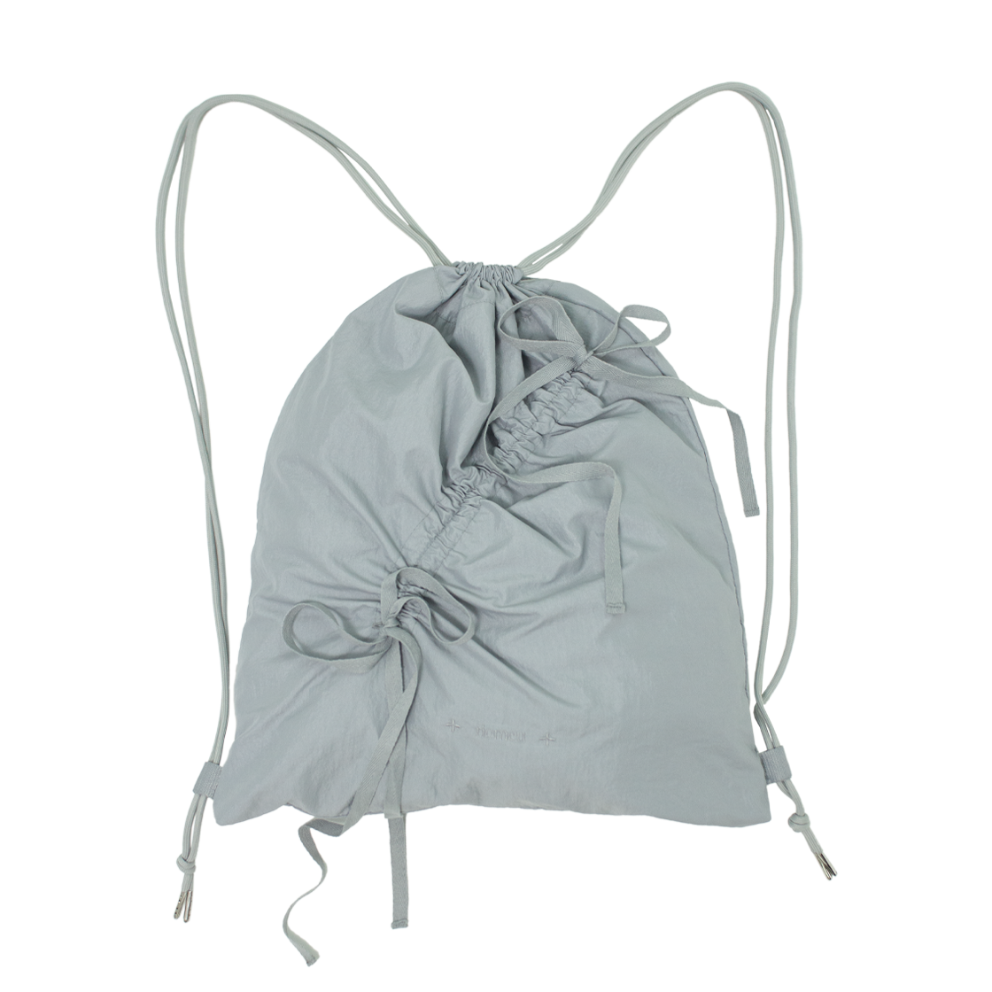 리오므 언발란스 리본 셔링 스트링 백 그레이(Riomeu Unbalance Ribbon Shirring String Bag Gray)