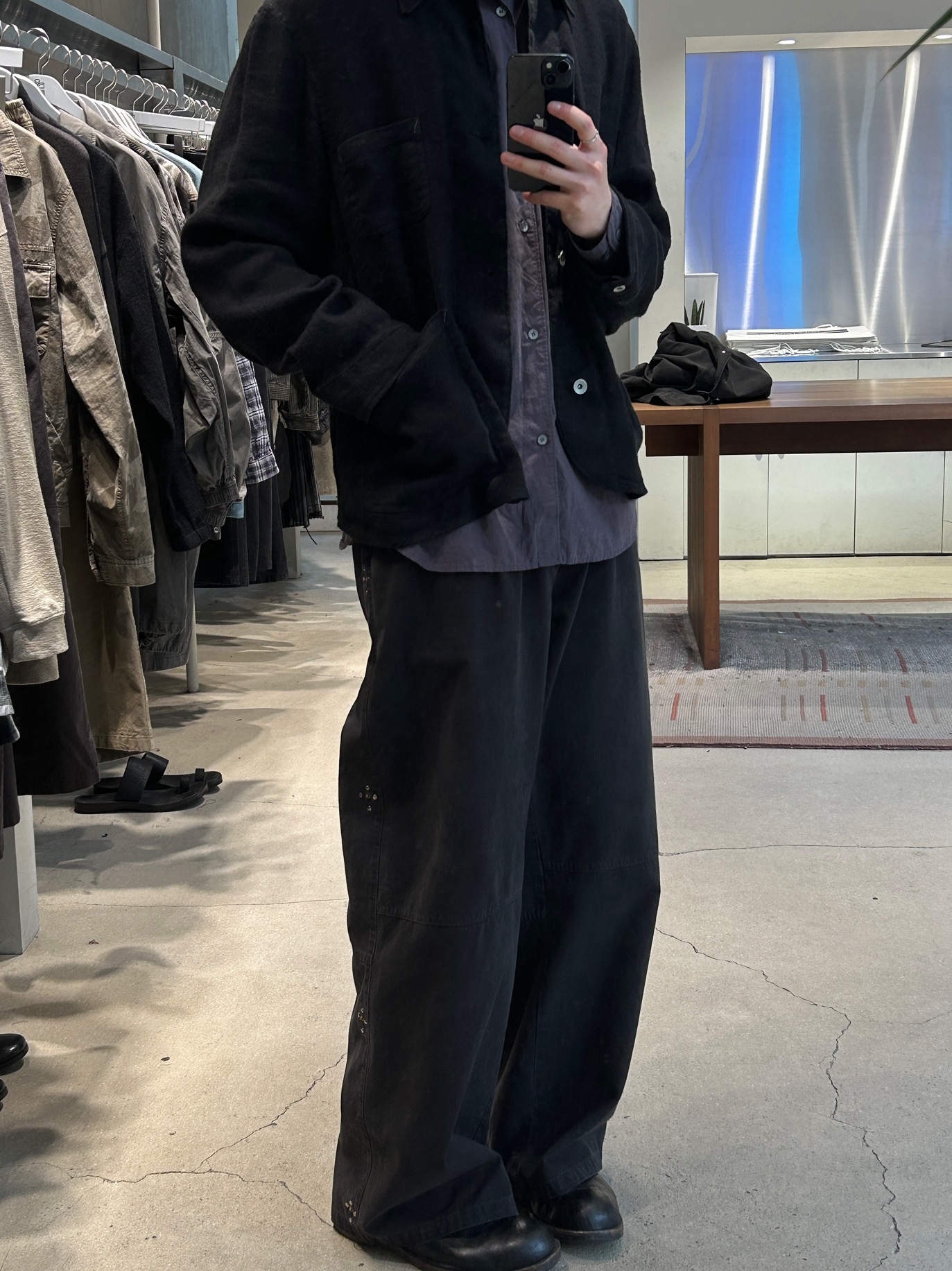 Polyteru Tenco Loosed Shirt 2.0 Dyed Purple Gray, Polyteru 1011 Gosima Pants Rivet Flowers Vintage Charcoal 착용 스타일 - 1