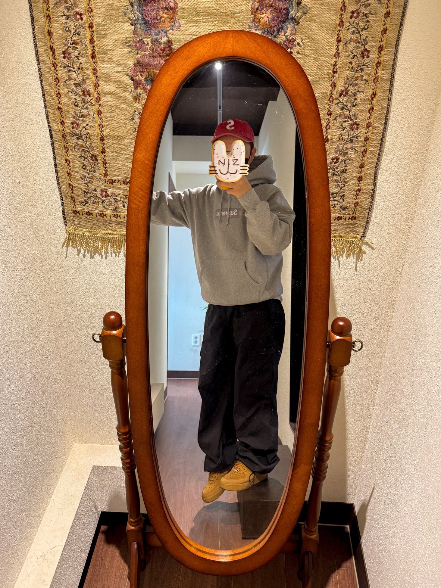 Nike x Supreme Air Force 1 Low Flax, Supreme Box Logo Hooded Sweatshirt Heather Grey - 24FW 착용 스타일