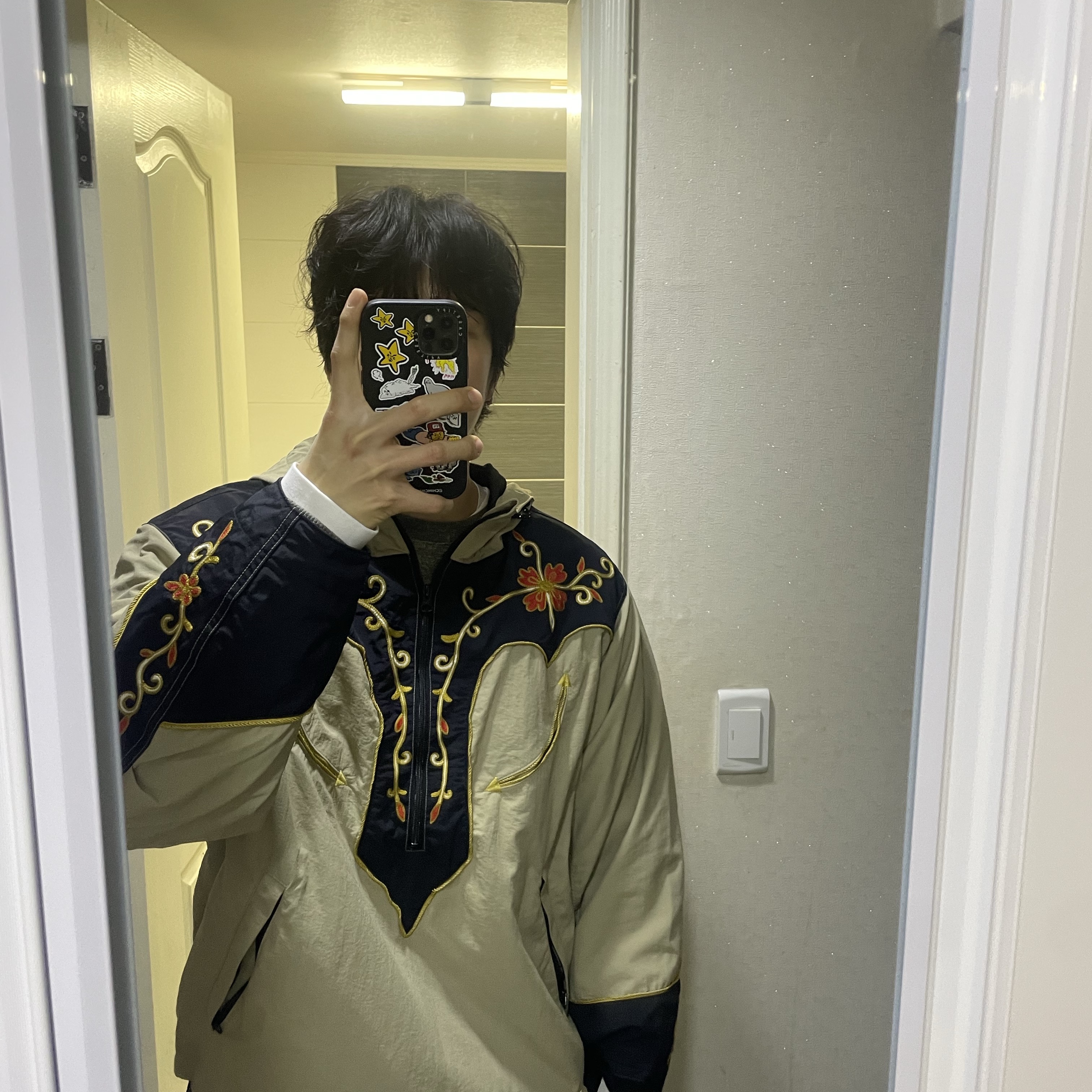 Kapital Nylon Taffeta 2Tone Tennessee Cactus Flower Parka Beige Black 착용 스타일