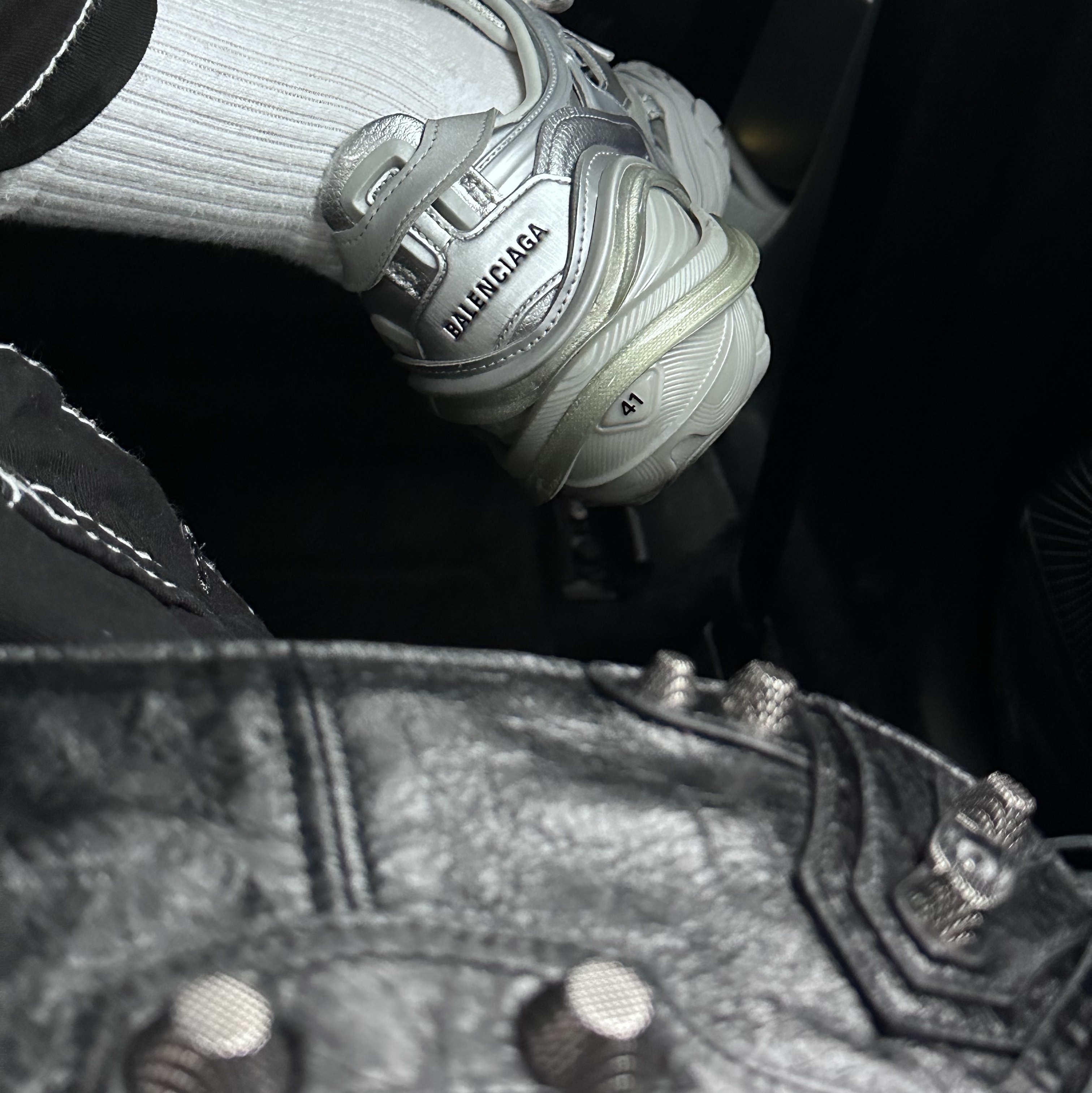 Balenciaga Tyrex Sneakers Silver, Balenciaga Arena Lambskin Aged Silver Hardware Le Cagole XS Flap Bag Black 착용 스타일