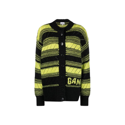 (W) Ganni Logo Wool Striped Cardigan Black Lime
