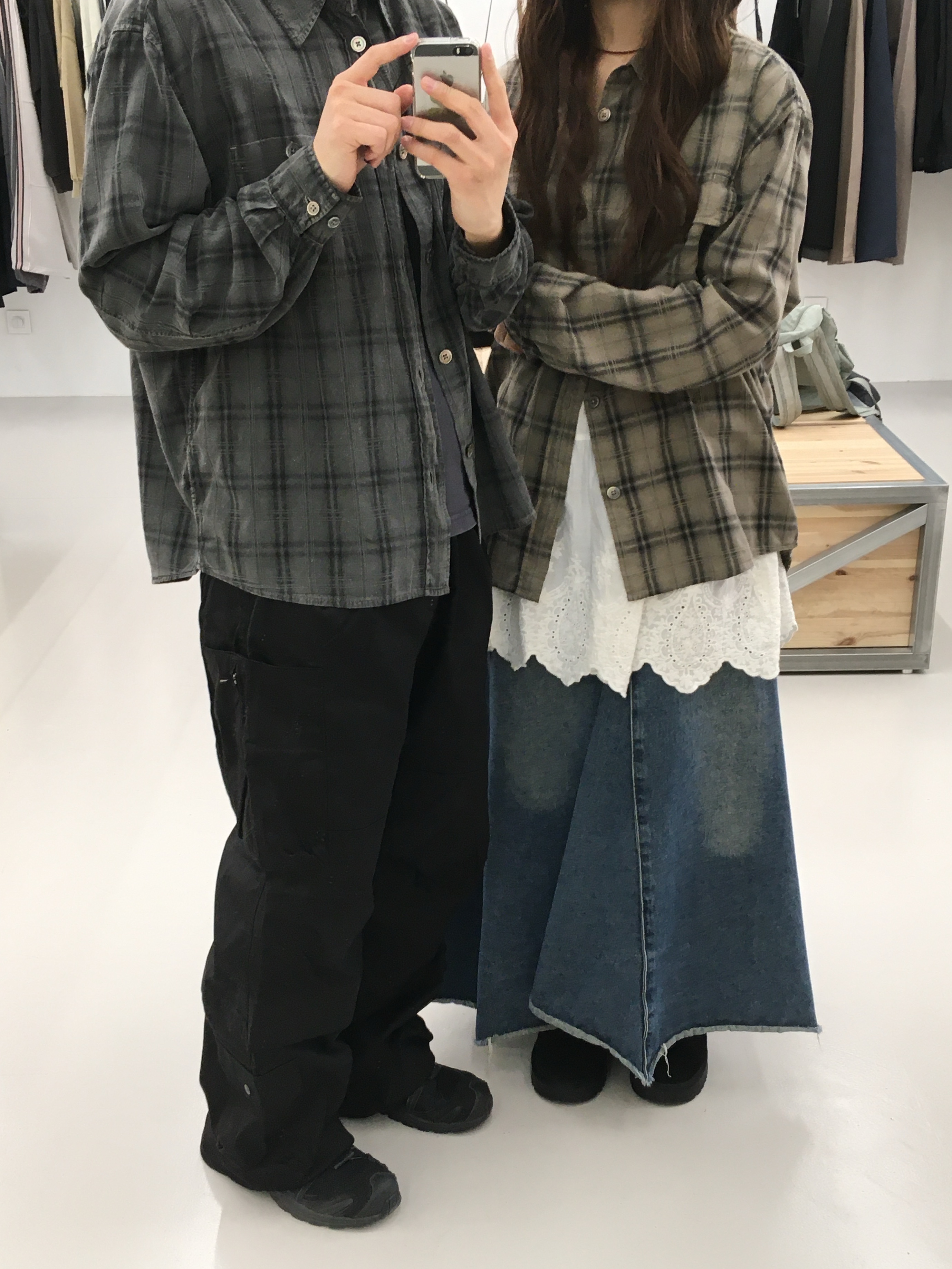 Hatchingroom 2Pk Shirt Long Over Dyed Check Desert 착용 스타일 - 3