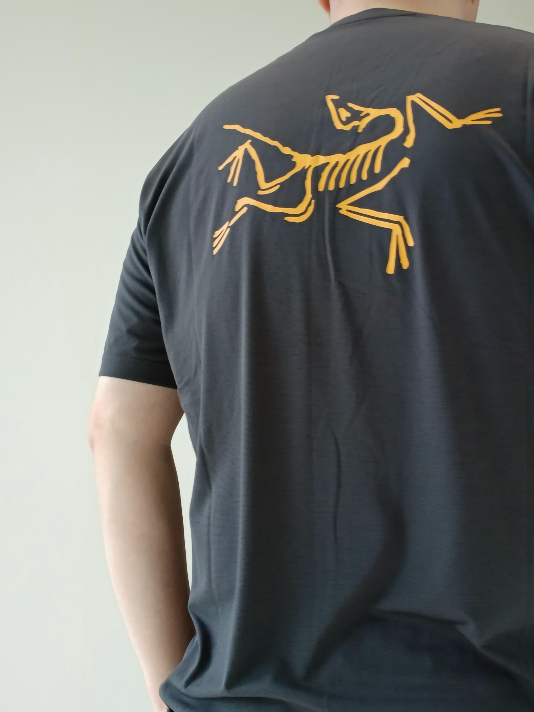 Arc'teryx Motus Arcword Crew SS T-Shirt Black Heather 착용 스타일 - 4