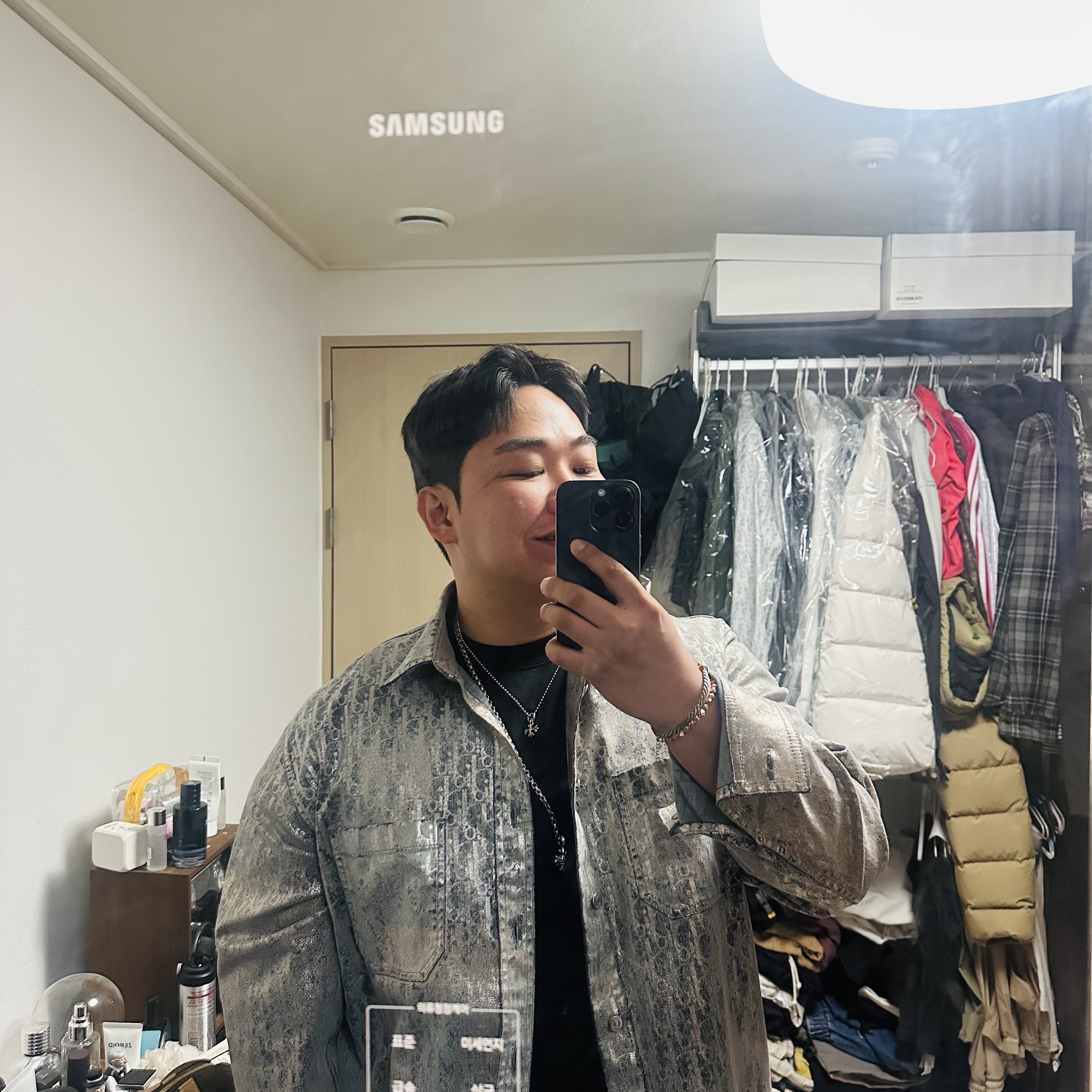 Dior Oblique Cotton Blend Twill Overshirt Grey Gold 착용 스타일