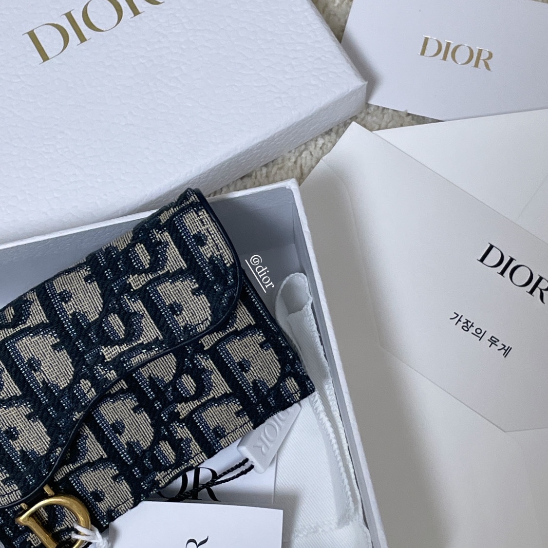 Dior Saddle Flap Card Holder Blue Dior Oblique Jacquard 착용 스타일