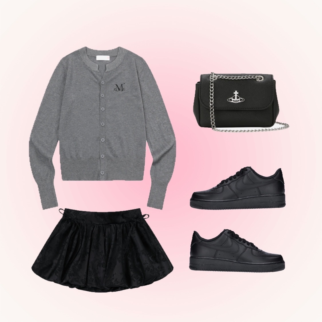 MUCENT Marais 7 Button Crop Henry Neck Cardigan Gray, Vivienne Westwood Saffiano Biogreen Small Purse Cross Bag Black 착용 스타일
