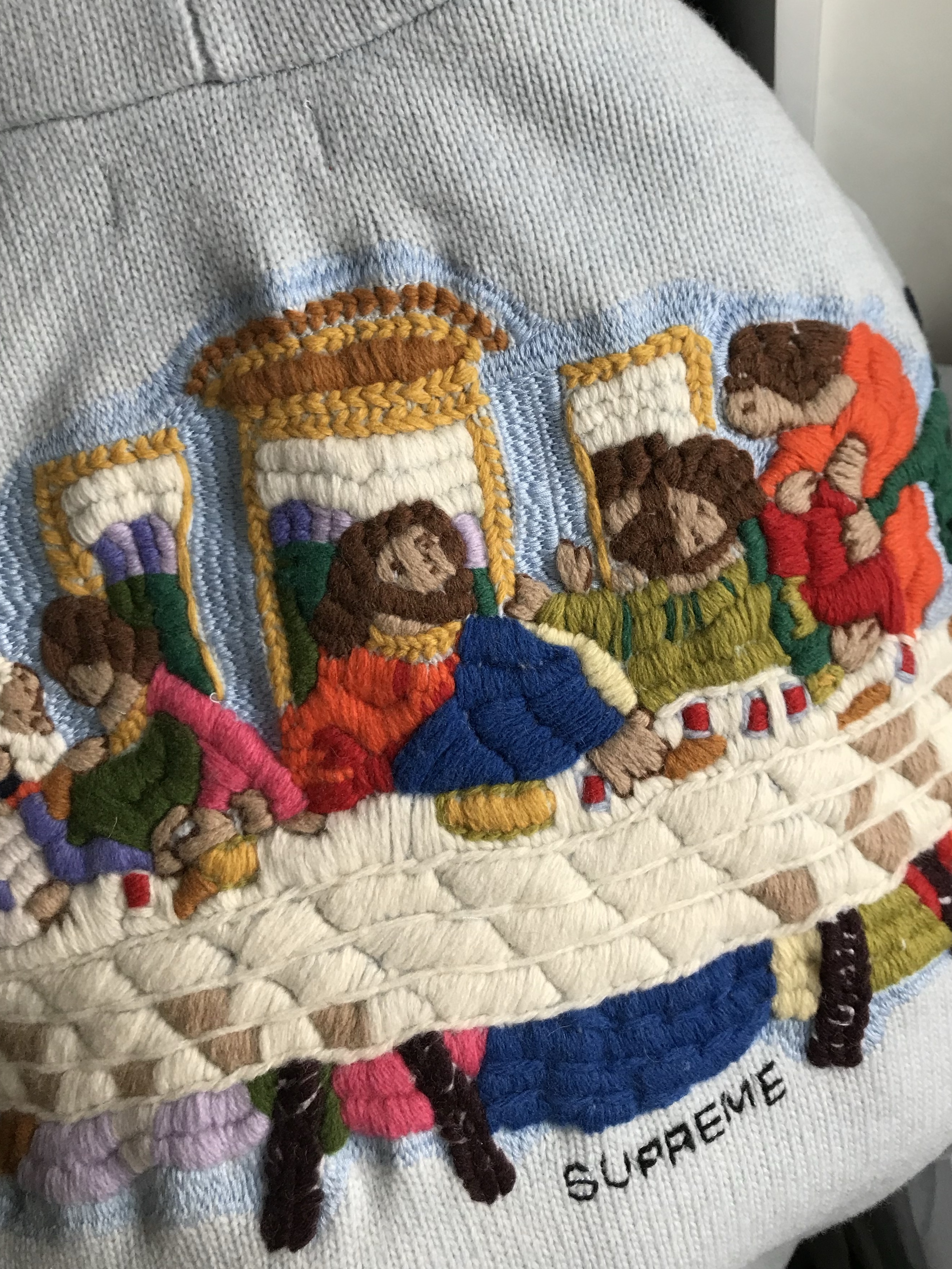 Supreme Last Supper Embroidered Zip Up Hooded Sweater Light Blue - 25SS 착용 스타일
