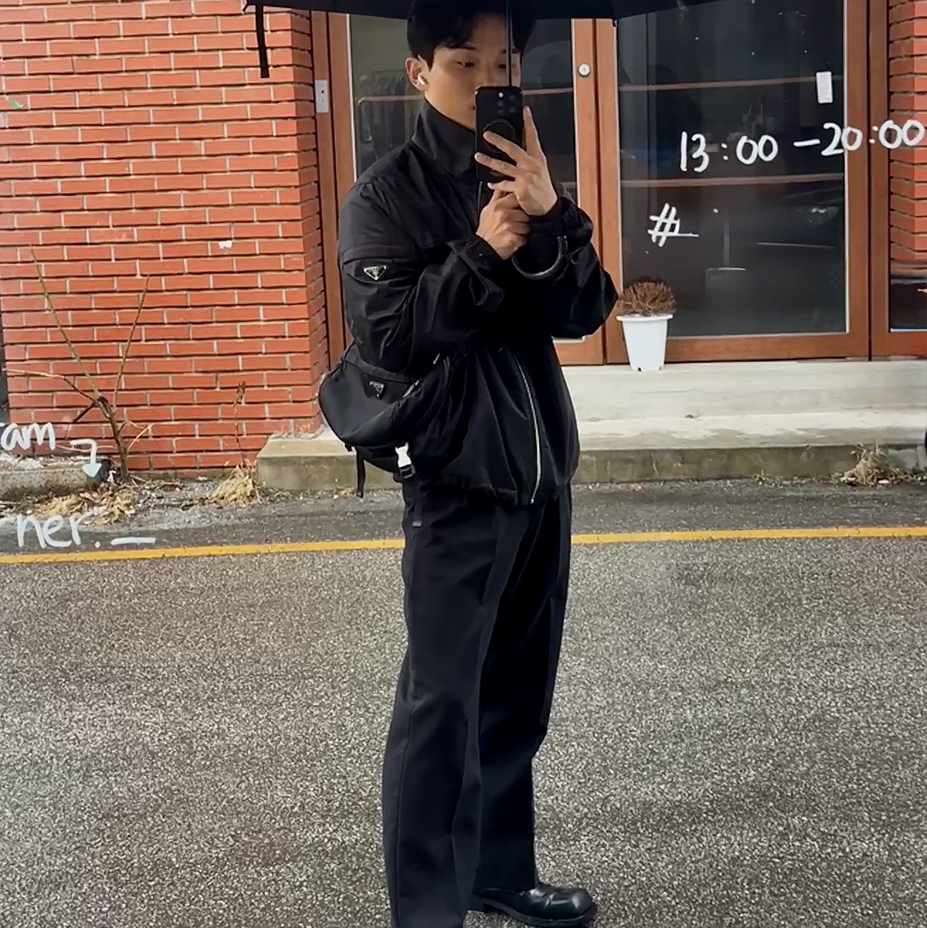 Prada Triangle Logo Jacket Black, Prada Re-Nylon and Saffiano Leather Shoulder Bag Black 착용 스타일