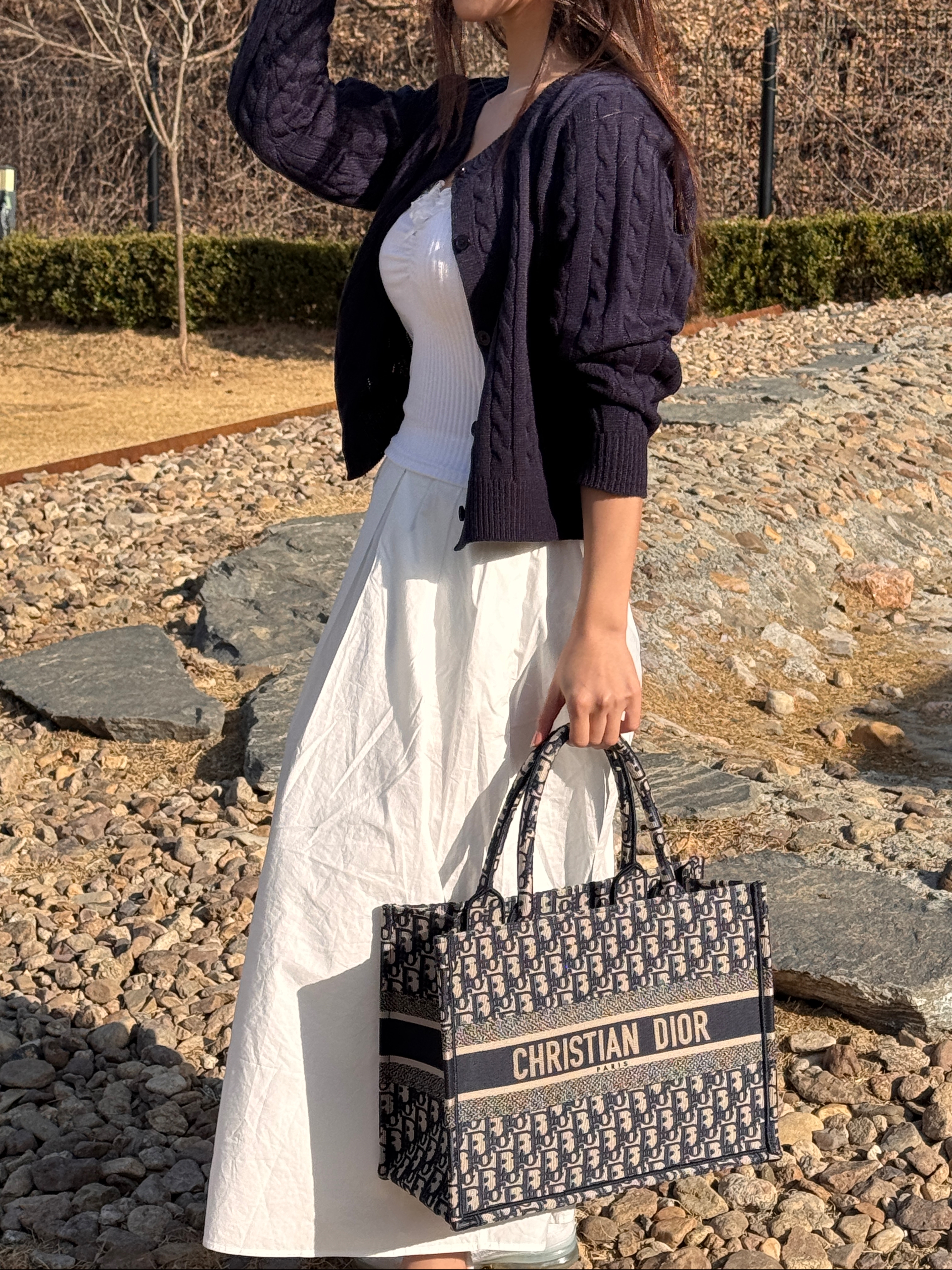 Dior Medium Book Tote Blue Dior Oblique Embroidery 착용 스타일