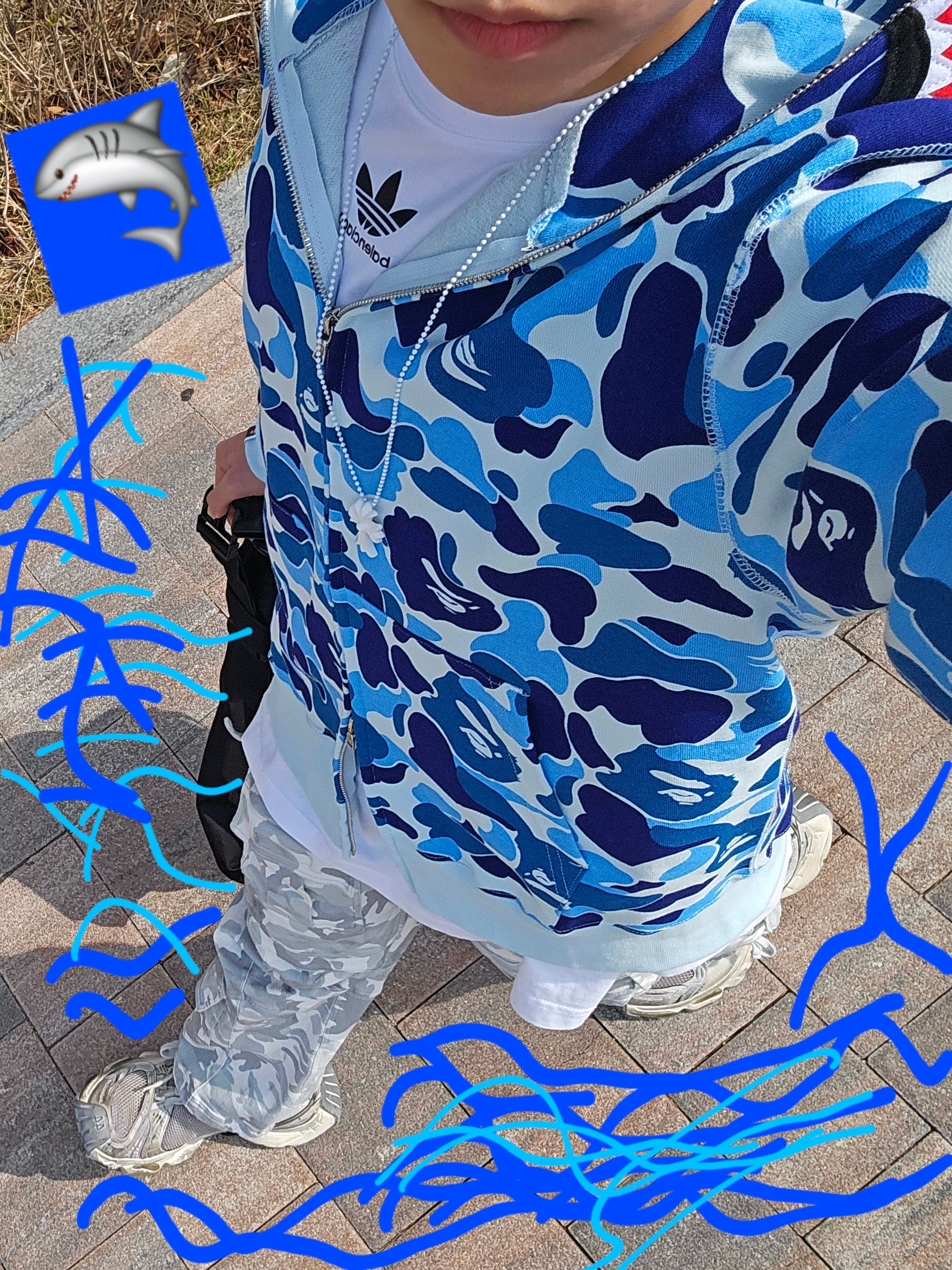 BAPE ABC Camo Shark Full Zip Hoodie Blue, Chrome Hearts Silichrome CH Cross Pendant White 2022/2023 착용 스타일