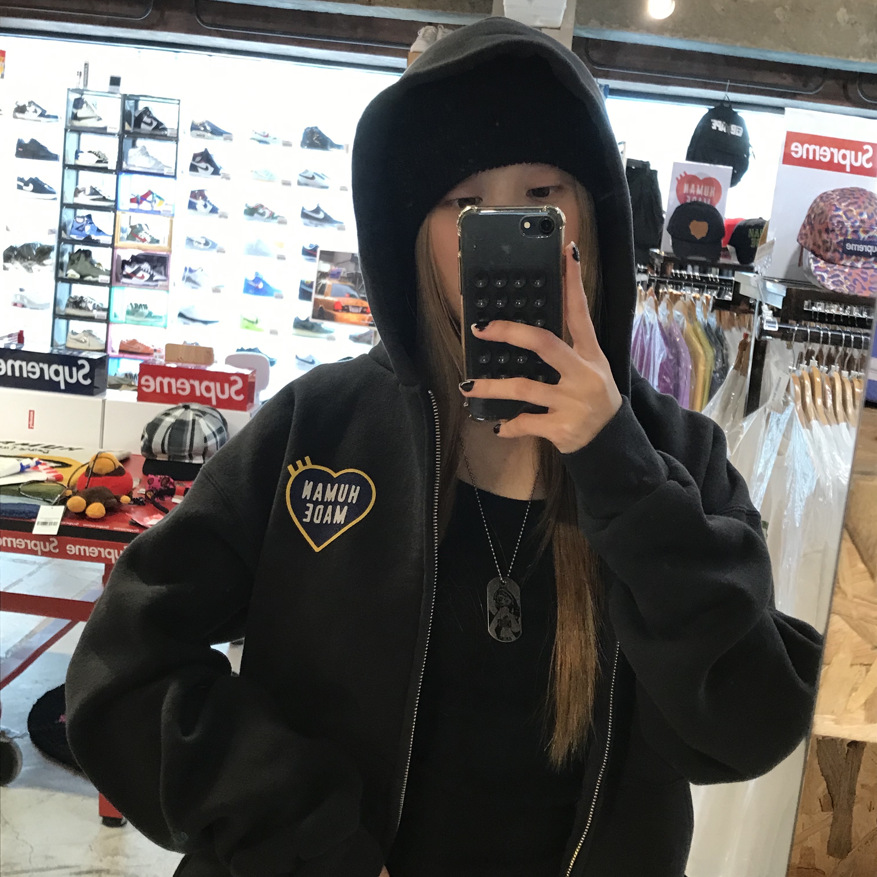 Human Made Zip-Up Heart Hoodie Black, Hysteric Glamour Guitar Girl Ball Chain Necklace Silver 착용 스타일 - 3