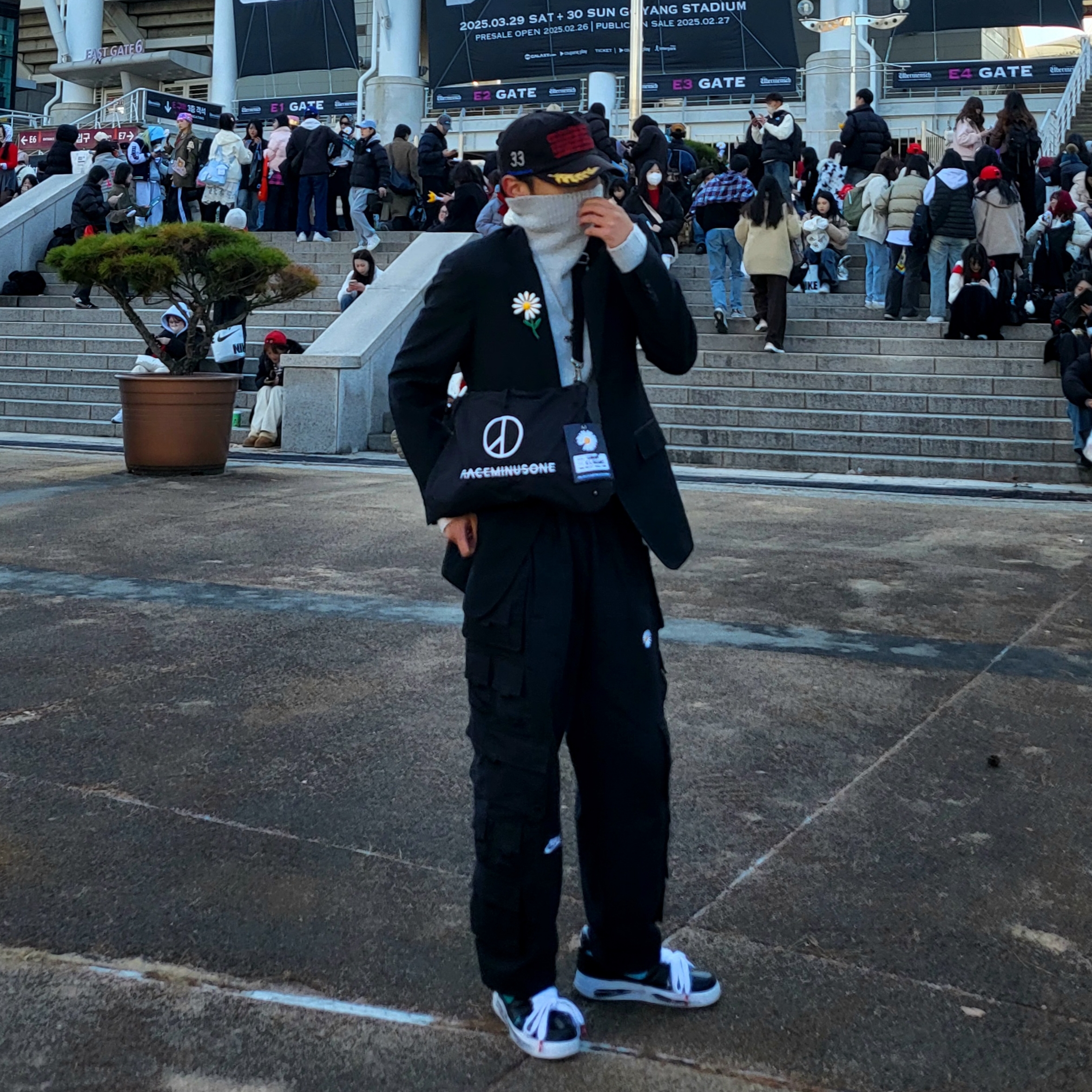 Peaceminusone 5 Panel Ball Cap #3 Black, Nike x Peaceminusone Wide Pants Black (DR0096-010) 착용 스타일 - 2