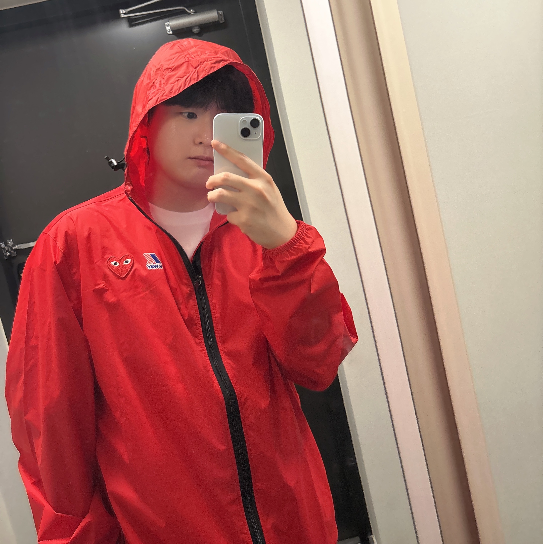 Play Comme des Garcons x K-Way Full Zip Jacket Red 착용 스타일 - 1