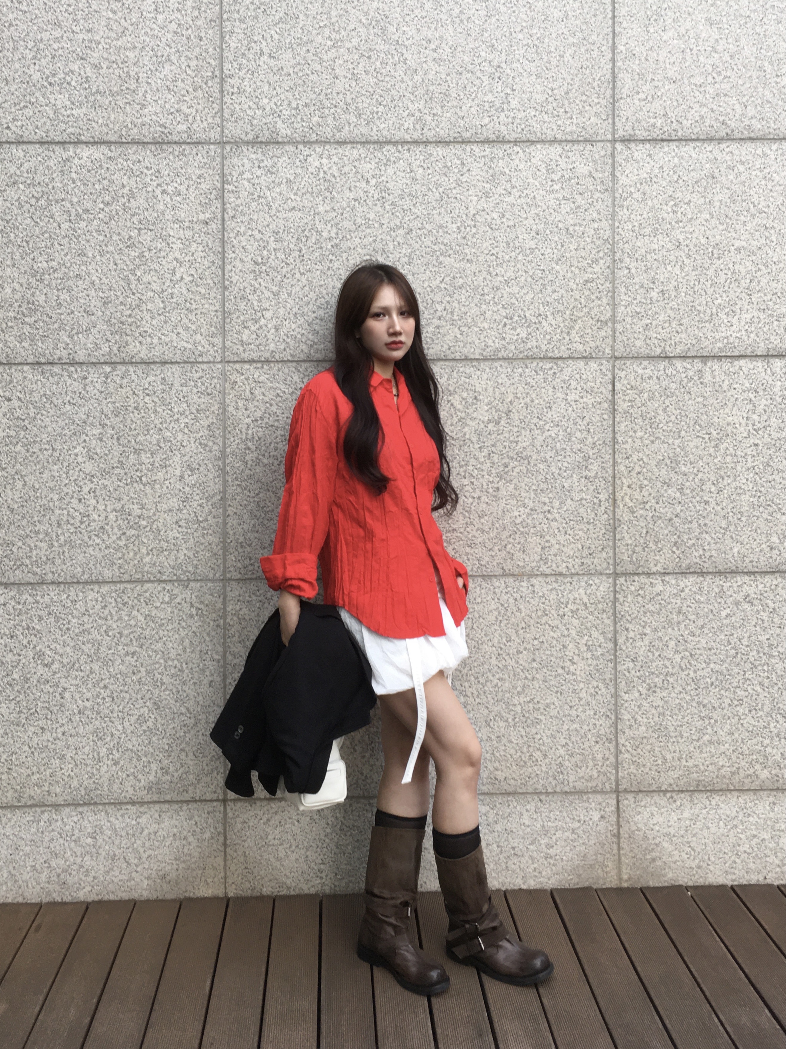 [6% 적립] NegativeThree  Slouchy Long Boots Washed Brown 착용 스타일