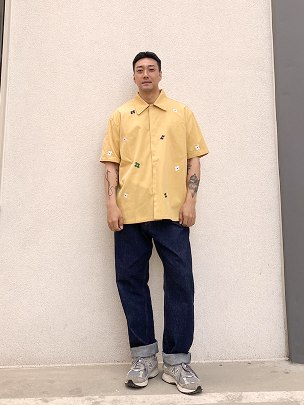 Hongwoosung Embroidery Flower Shirt Yellow, Hongwoosung Collect Wide Fit Selvedge Denim Jean Indigo 착용 스타일
